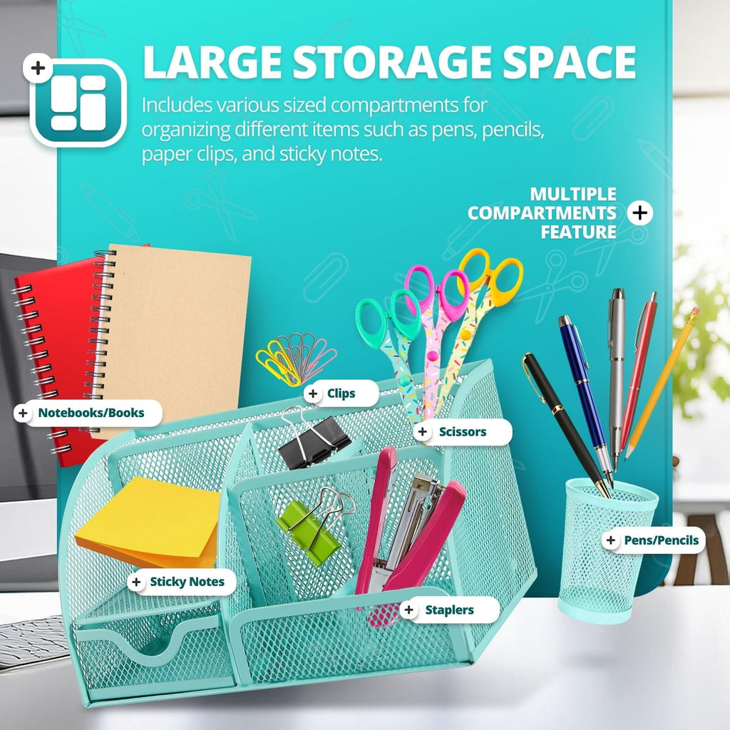 Desk Organizer Office Supplies Accessories Desktop Tabletop Sorter Shelf Pencil Holder Caddy Set - Metal Mesh with Drawer and 6 Compartments - Image 4
