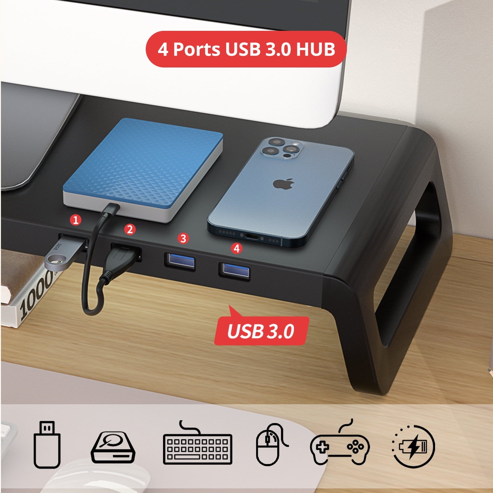 Monitor and Laptop Desk Stand with USB 3.0 HUB, Hold Up to 46 lbs, Black - Image 3