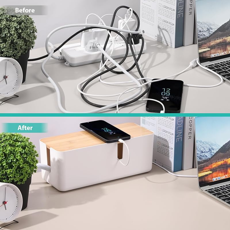 Cable Management Box with Bamboo Lid, White Cable Box Small Cord Hider Box Cord Organizer Box to Conceal Surge Protec... - Image 4