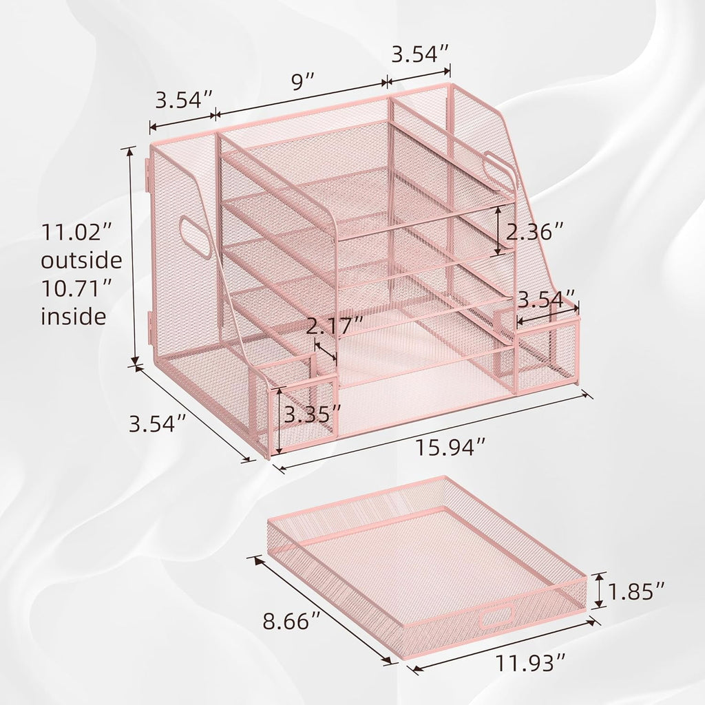 5-Tier Metal Mesh Desk Document Organizer with File Holder, Pen Holder and Drawer, Pink - Image 4