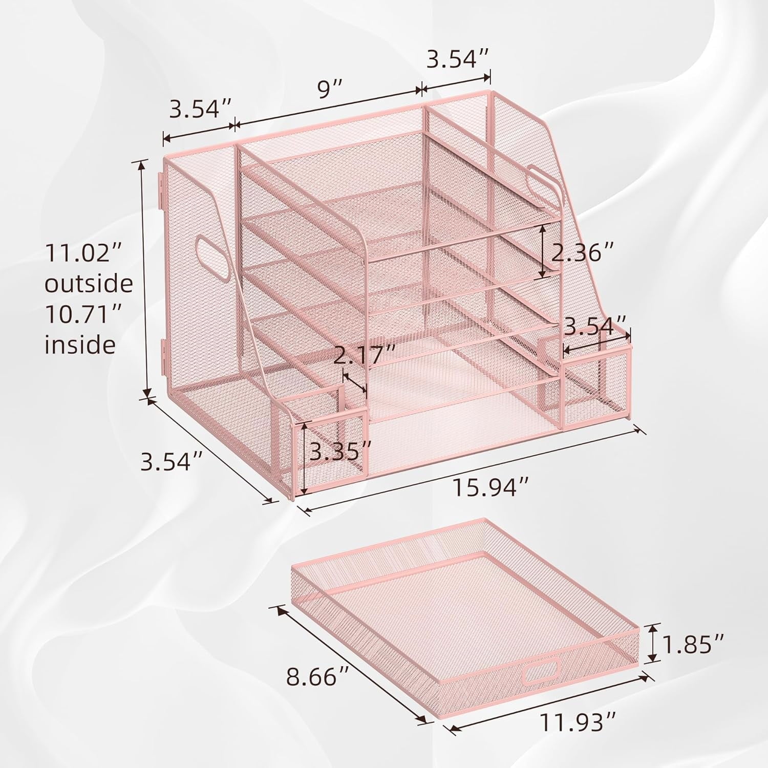 5-Tier Metal Mesh Desk Document Organizer with File Holder, Pen Holder and Drawer, Pink - Image 4