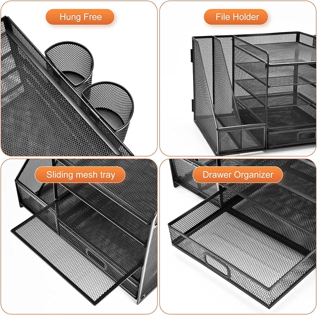 Marbrasse Metal Mesh 5-Tier Desk Organizer with File Holder, Drawer, Pen Holders - Vertical Tray for Office Supplies - Image 3