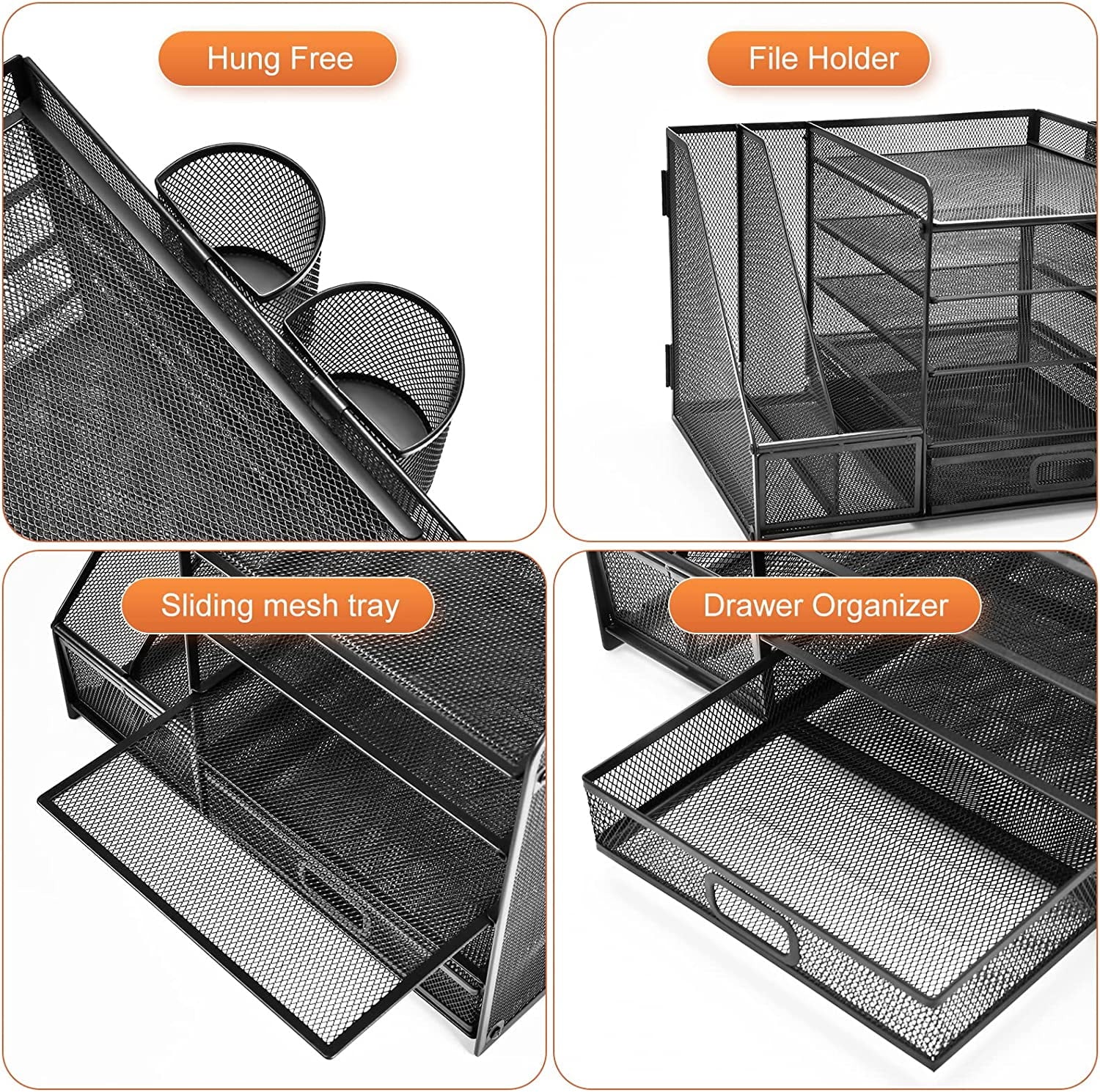 Marbrasse Metal Mesh 5-Tier Desk Organizer with File Holder, Drawer, Pen Holders - Vertical Tray for Office Supplies - Image 3