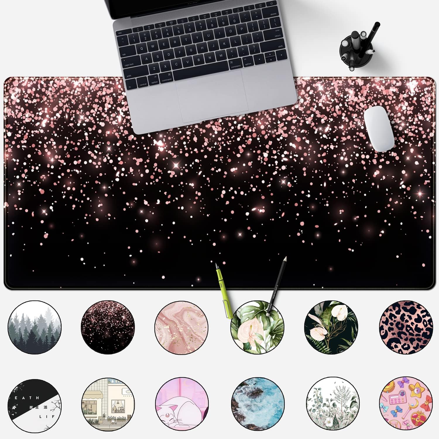 Rose Gold Glitter Black Desk Mat Extended Mouse Pad XXL Office Desk 31.5x15.7 in Accessories for Women Girl Gamer Ful... - Image 2