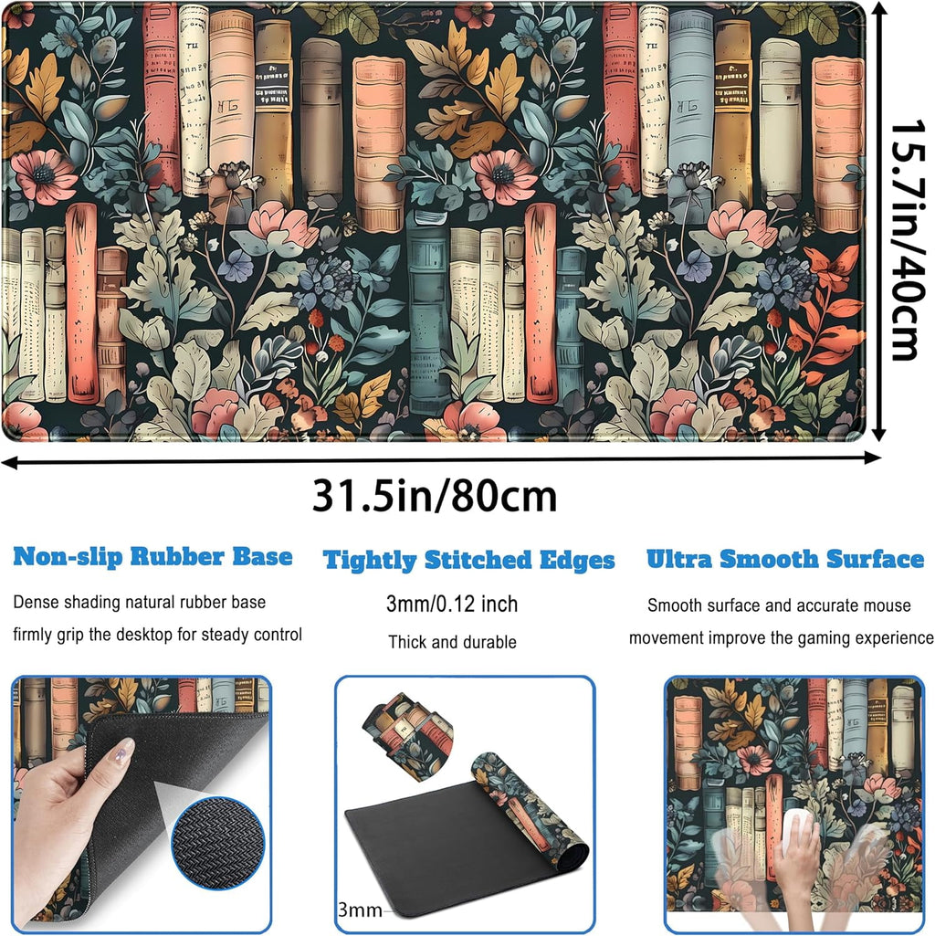 Floral Books Desk Mat Reading Desk Pad Mouse Mat XXL, Colorful Mouse Keyboard Pad Flower Bookshelf Desktop Mat, Long Computer Mats Aesthetic - Image 4