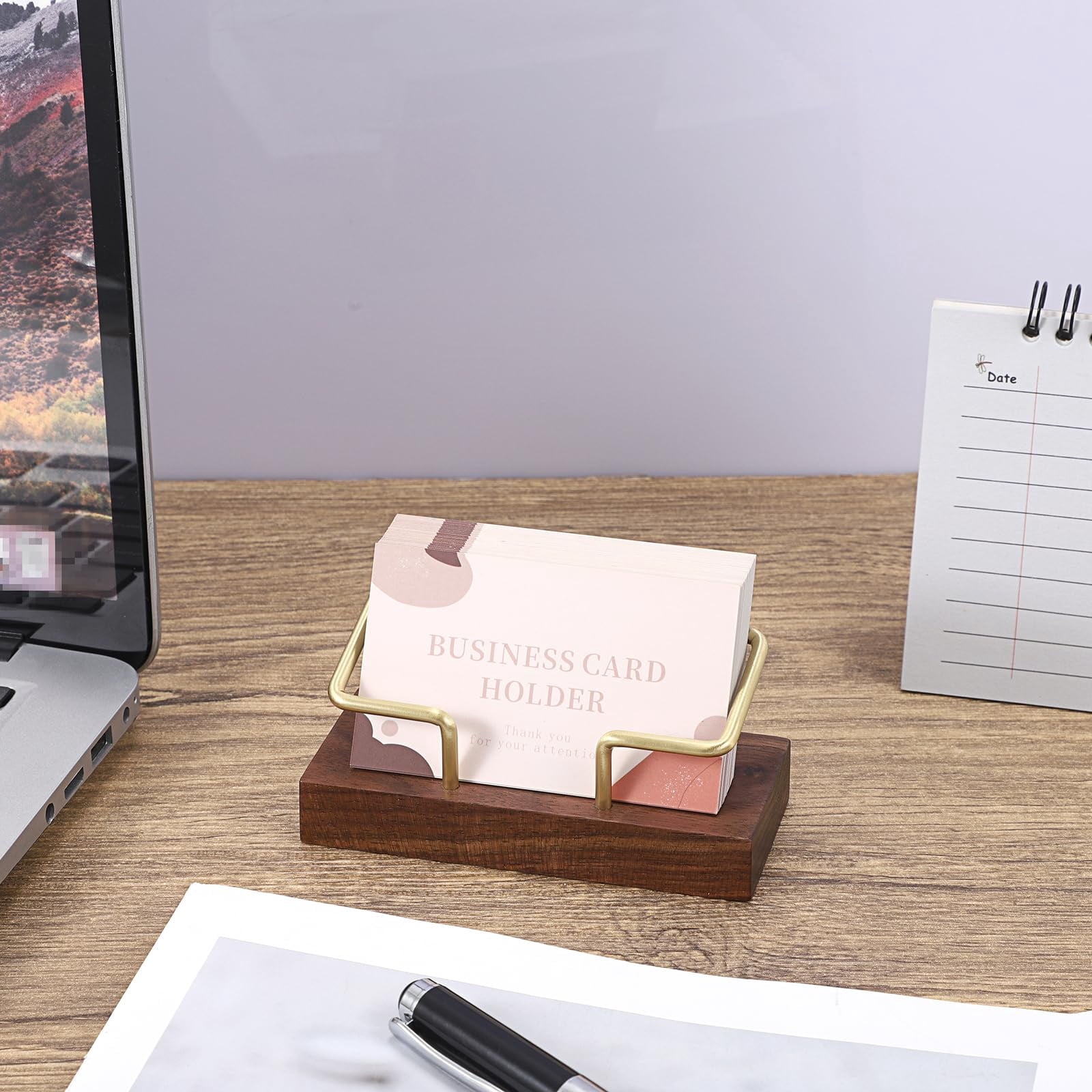 Wooden Business Card Holder for Desk - Elegant Walnut & Gold Metal Card Display Stand - Stylish Tabletop Business Car... - Image 6