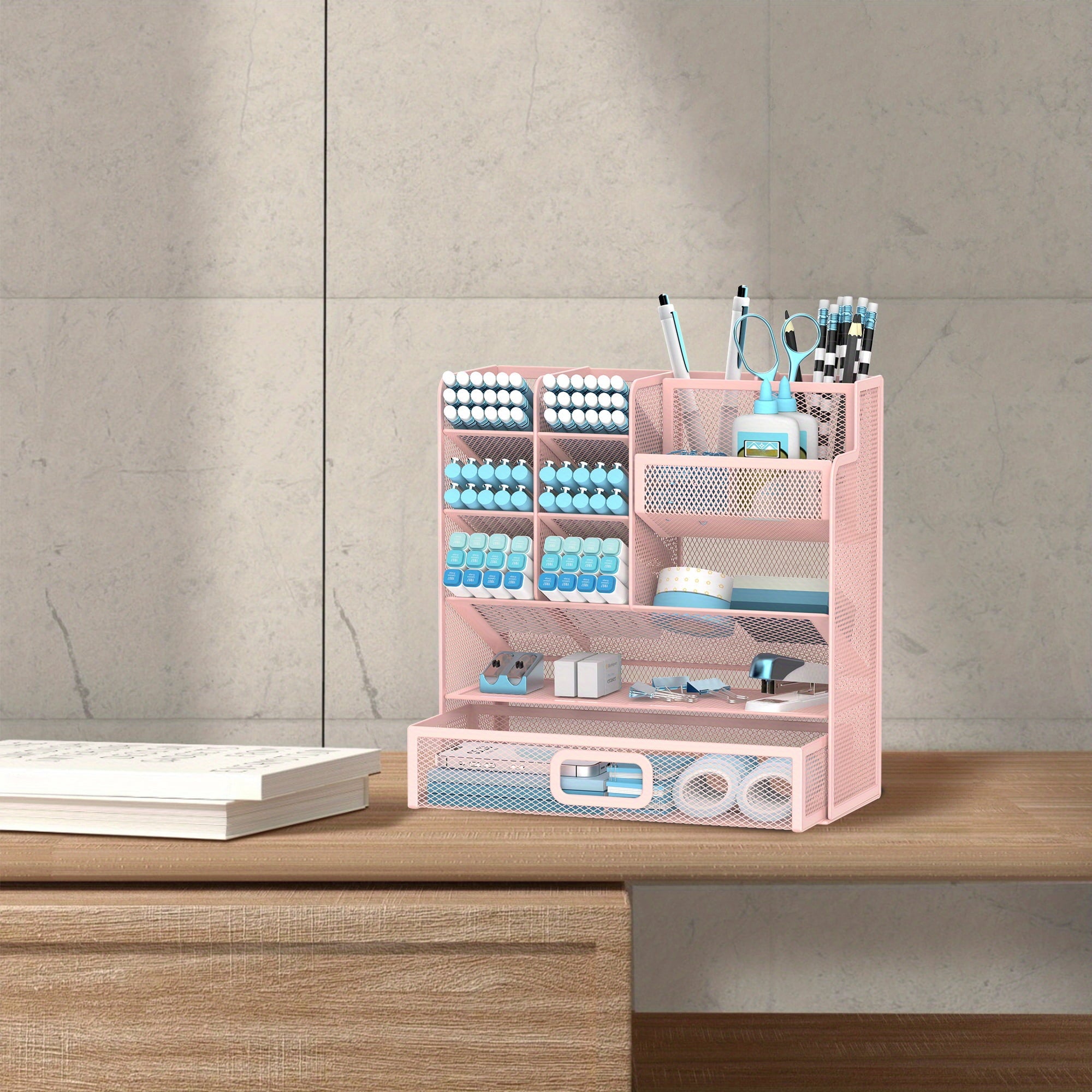 INTIGE Desktop Organizer with Drawer, Multifunctional Mesh Pen Holders and Desk Accessories for Office and Art Supplies - Image 3