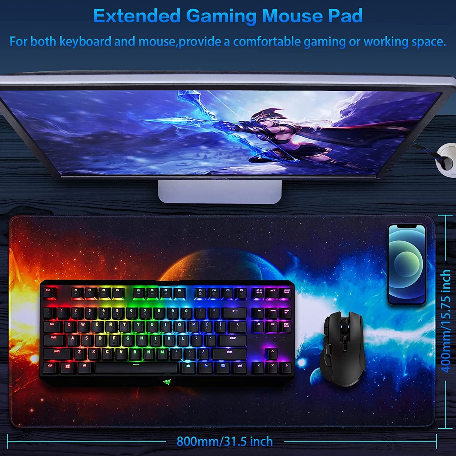 Gaming Mouse Pad, Extended Mouse Pad, XXL Large Big Computer Keyboard Mouse Mat Desk Pad with Non-Slip Base and Stitched Edge for Home Offic - Image 2