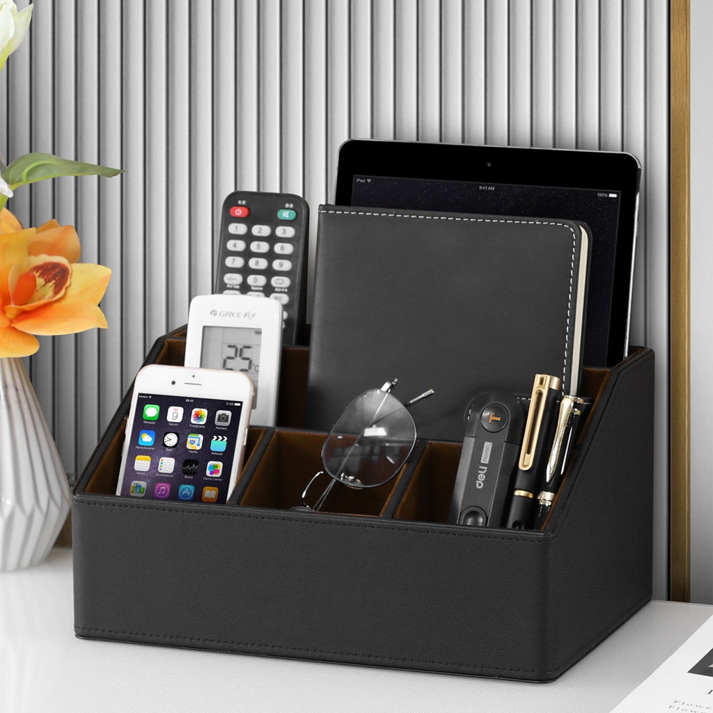 MEIBOOCH PU Leather Desk Organizer, Luxury Remote Control Holder for Home, Office Desk Accessories Table Caddy Bedside Nightstand Organizer - Image 2