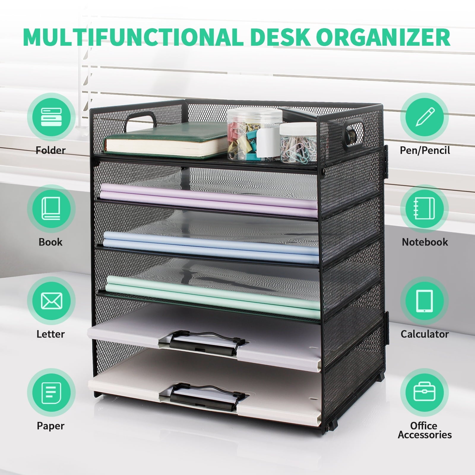 PHANCIR 6-Tier Desk Organizer Paper Storage Box ,Stationery Tray with Handle Mesh Stationery Tray Desktop File Classifier, Suitable for Offi - Image 4