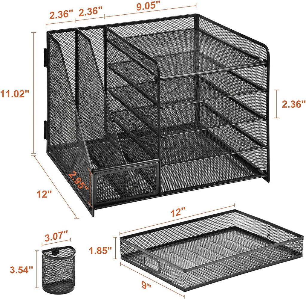 Marbrasse Metal Mesh 5-Tier Desk Organizer with File Holder, Drawer, Pen Holders - Vertical Tray for Office Supplies - Image 4