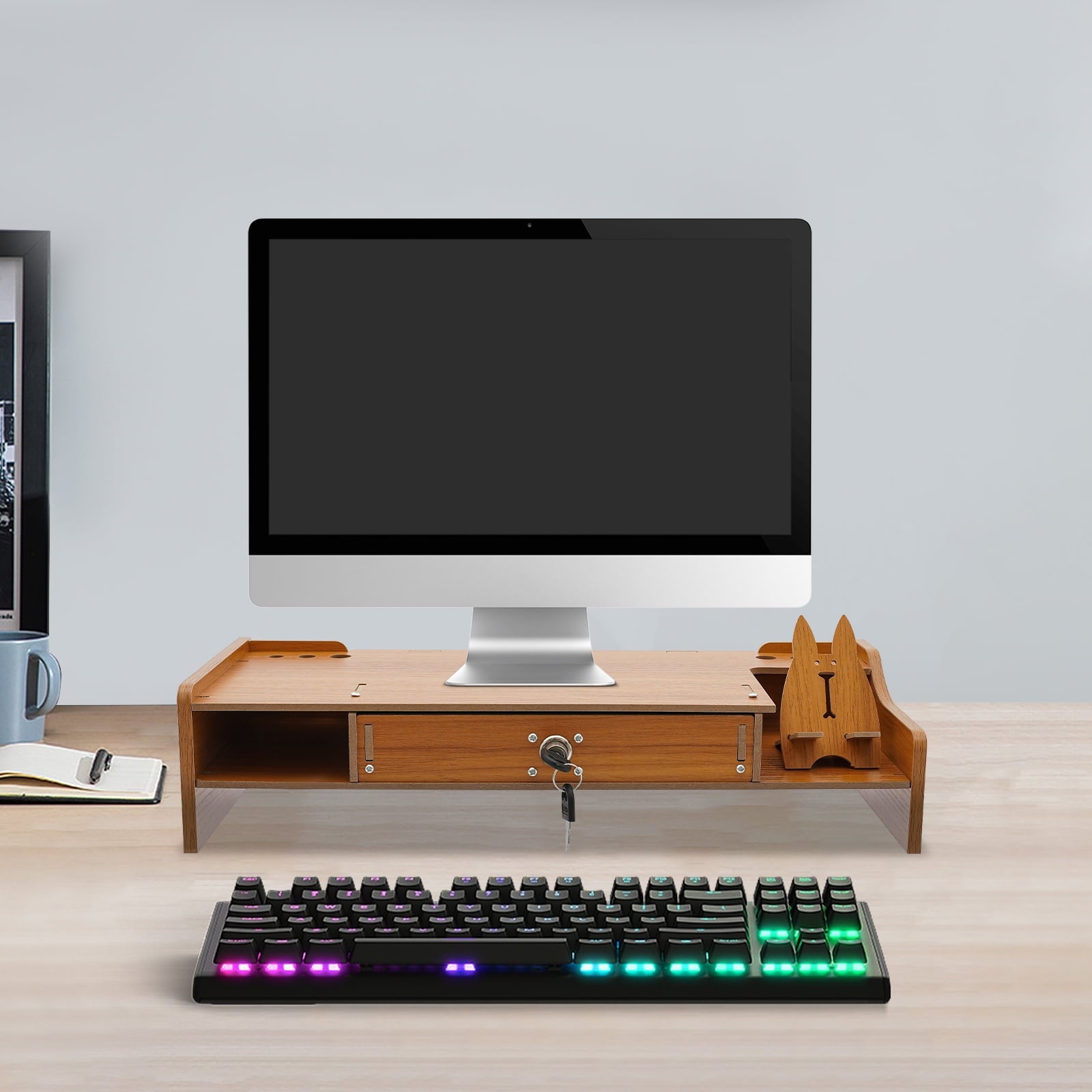 Dwellnix Wooden Monitor Riser Rack w Drawer Computer Laptop PC Stand Desk Organizer - Image 2