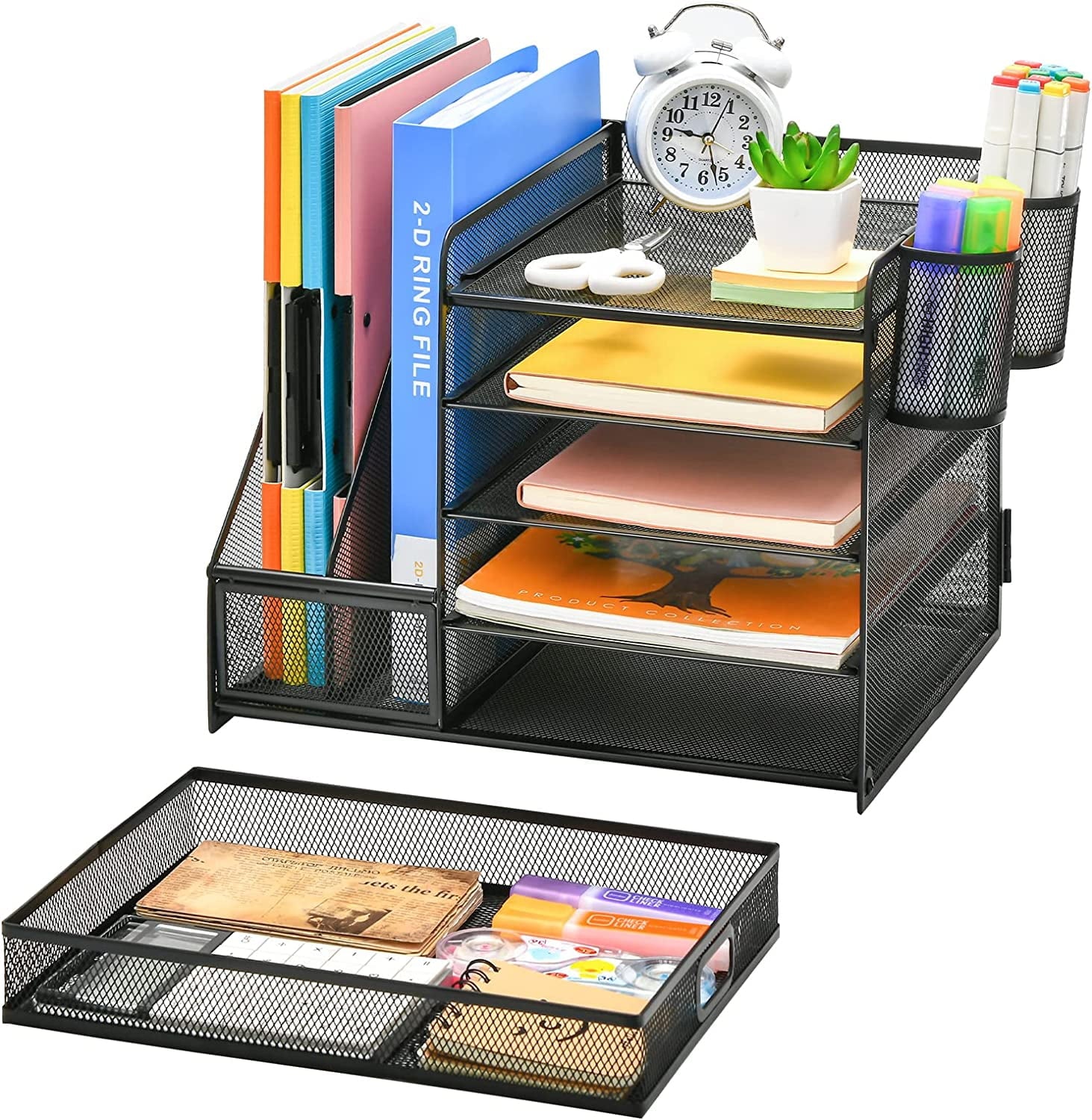 Marbrasse Metal Mesh 5-Tier Desk Organizer with File Holder, Drawer, Pen Holders - Vertical Tray for Office Supplies - Image 5