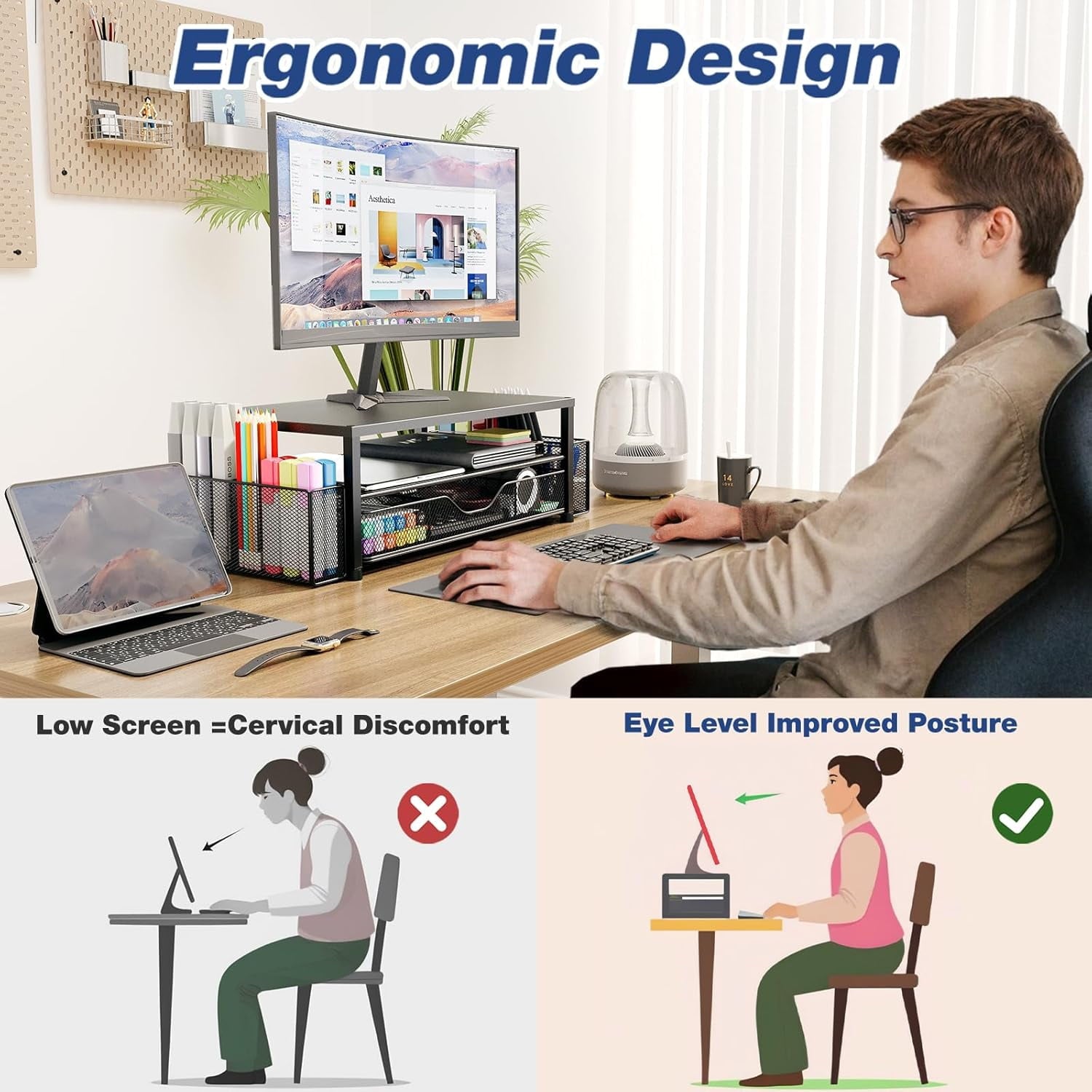 and Accessories, 2-Tier Computer Monitor Stand Riser with Drawer and 2 Pen Holders, Laptop Stand, Office Desk Accesso... - Image 6