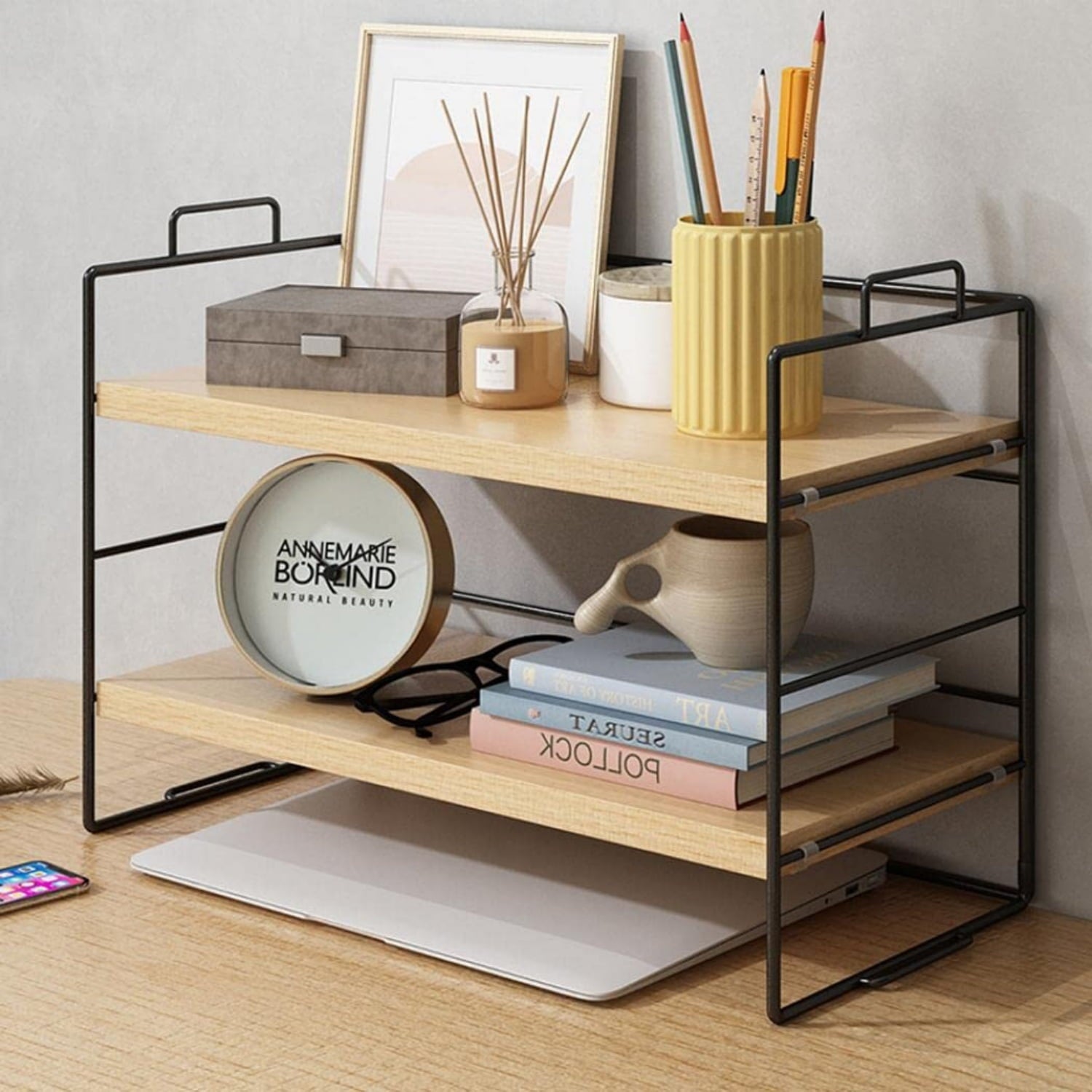 Desktop Shelf Organizer, Small Wood Countertop Bookshelf Adjustable Desktop Organizer Office, Desk Storage Tabletop Display Shelf for Home O - Image 5