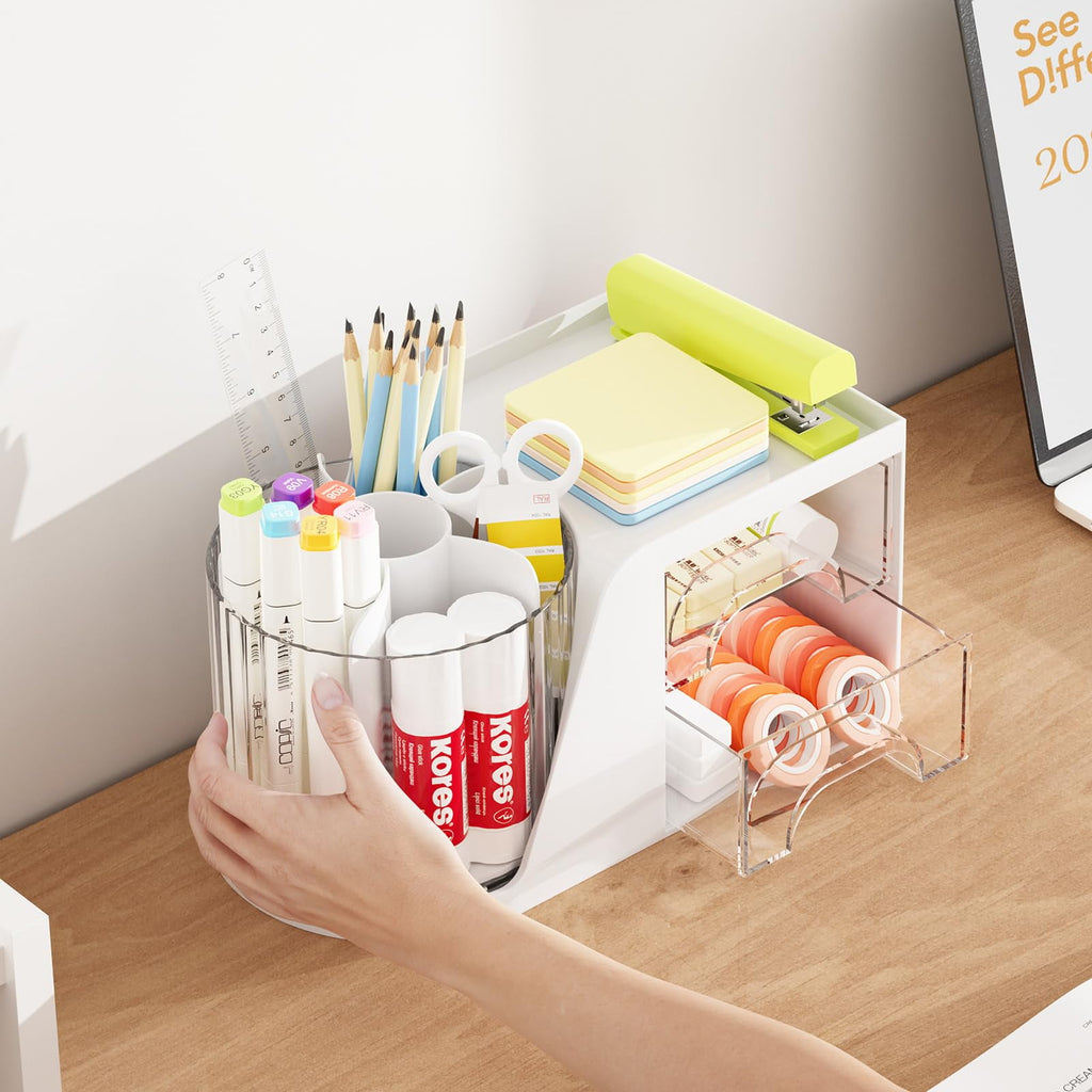 with 2 Drawer, 360°Rotating Pen Holder for , s and Accessories with 6 Slots Pencil + 2 Drawer，1 Pack (White) - Image 4