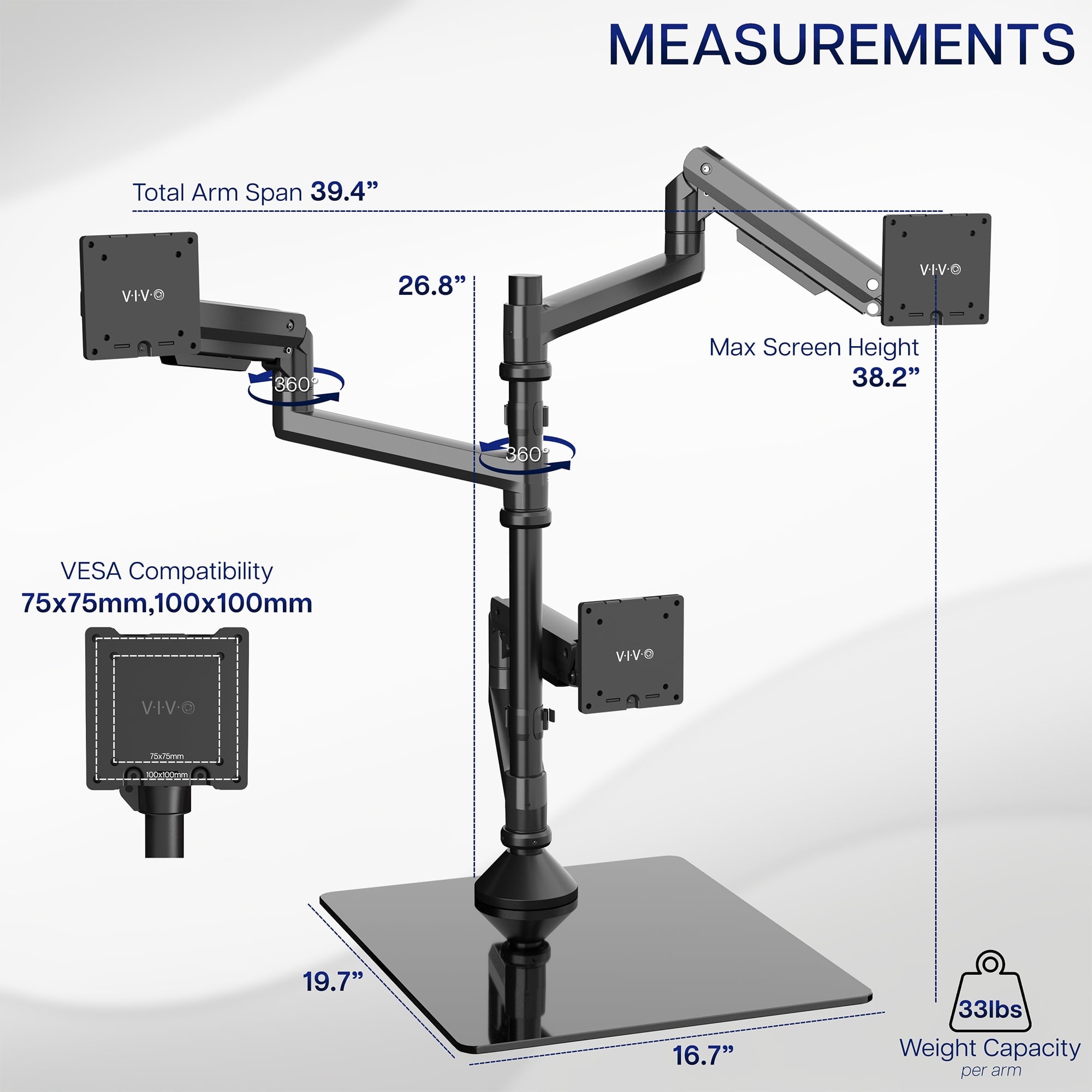 Pneumatic Triple Ultrawide Monitor Desk Stand, Up to 49 inch Computer Screens - Image 3
