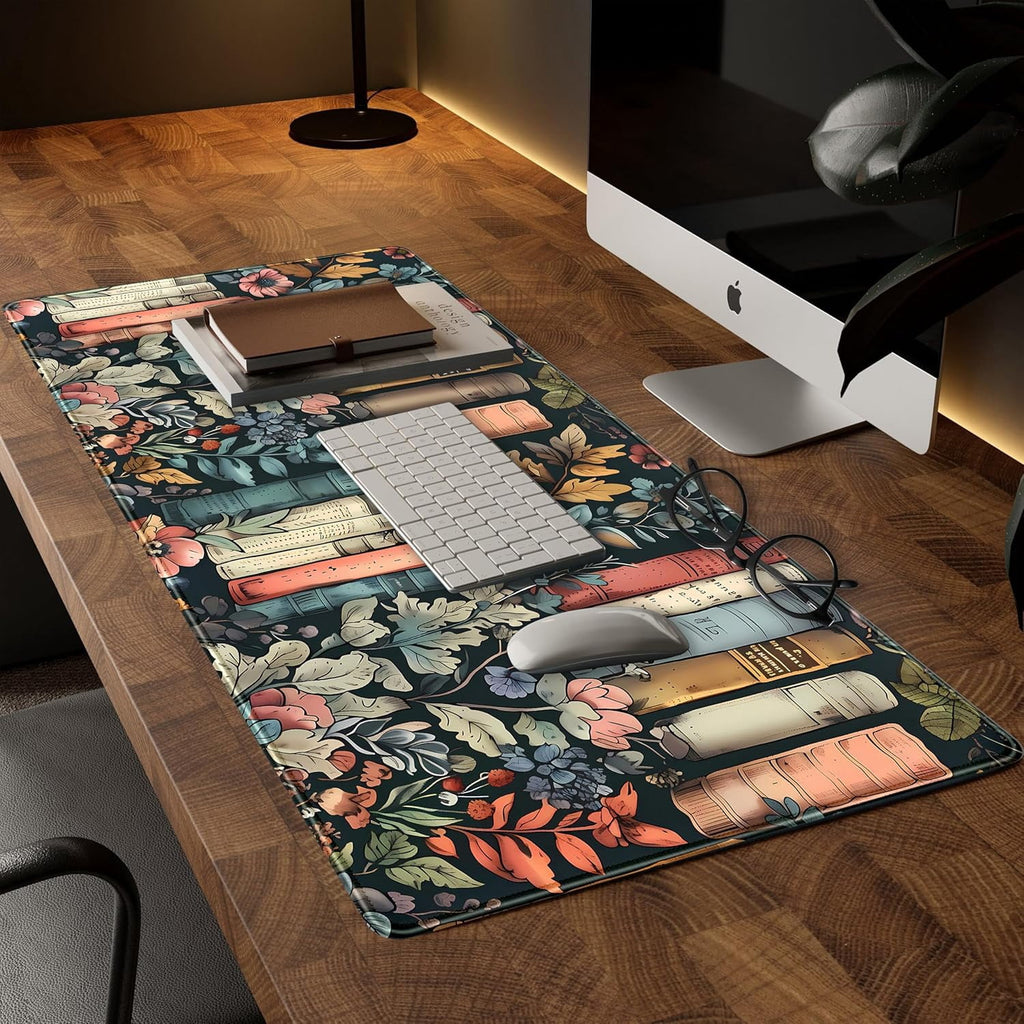 Floral Books Desk Mat Reading Desk Pad Mouse Mat XXL, Colorful Mouse Keyboard Pad Flower Bookshelf Desktop Mat, Long Computer Mats Aesthetic - Image 2