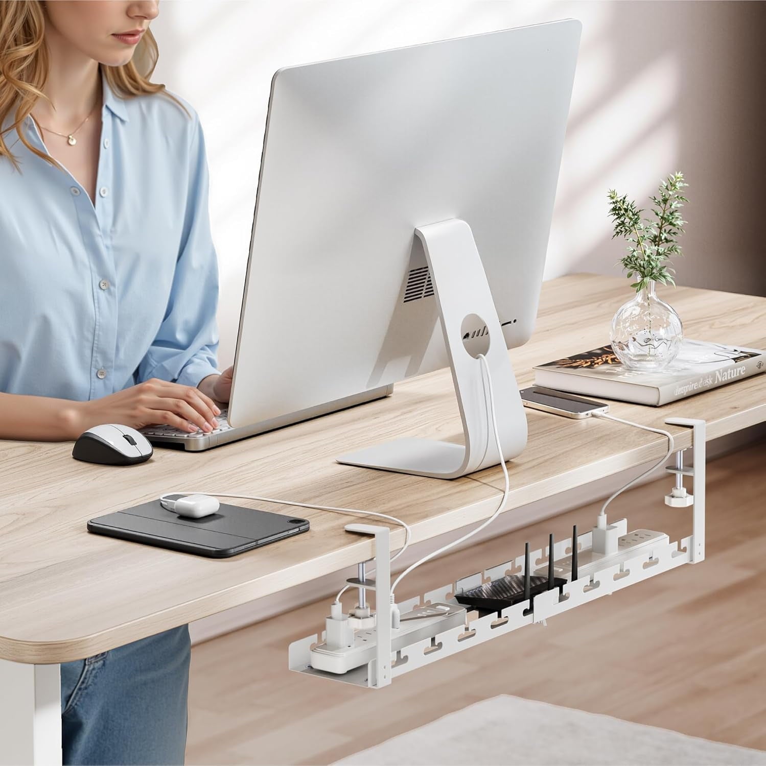17"-28.7" Extendable Under Desk Cable Management Tray with Cable Slots Clamp On Cord Organizer White - Image 6