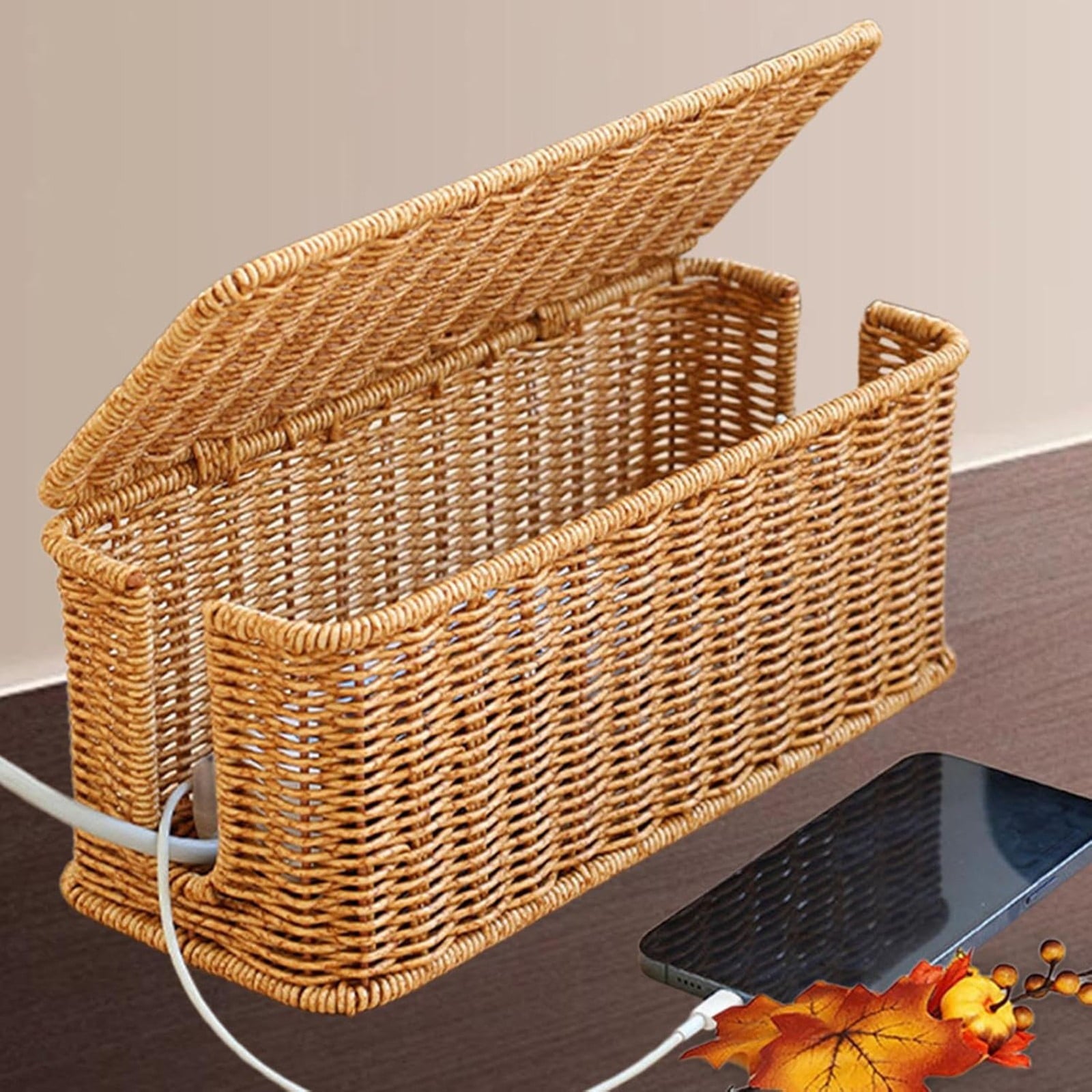 Socket Organizer， Large Cable Management Box Handwoven Imitation Rattan Organizer Box Decorative Box Cable Organizer Box for Desk Management - Image 4