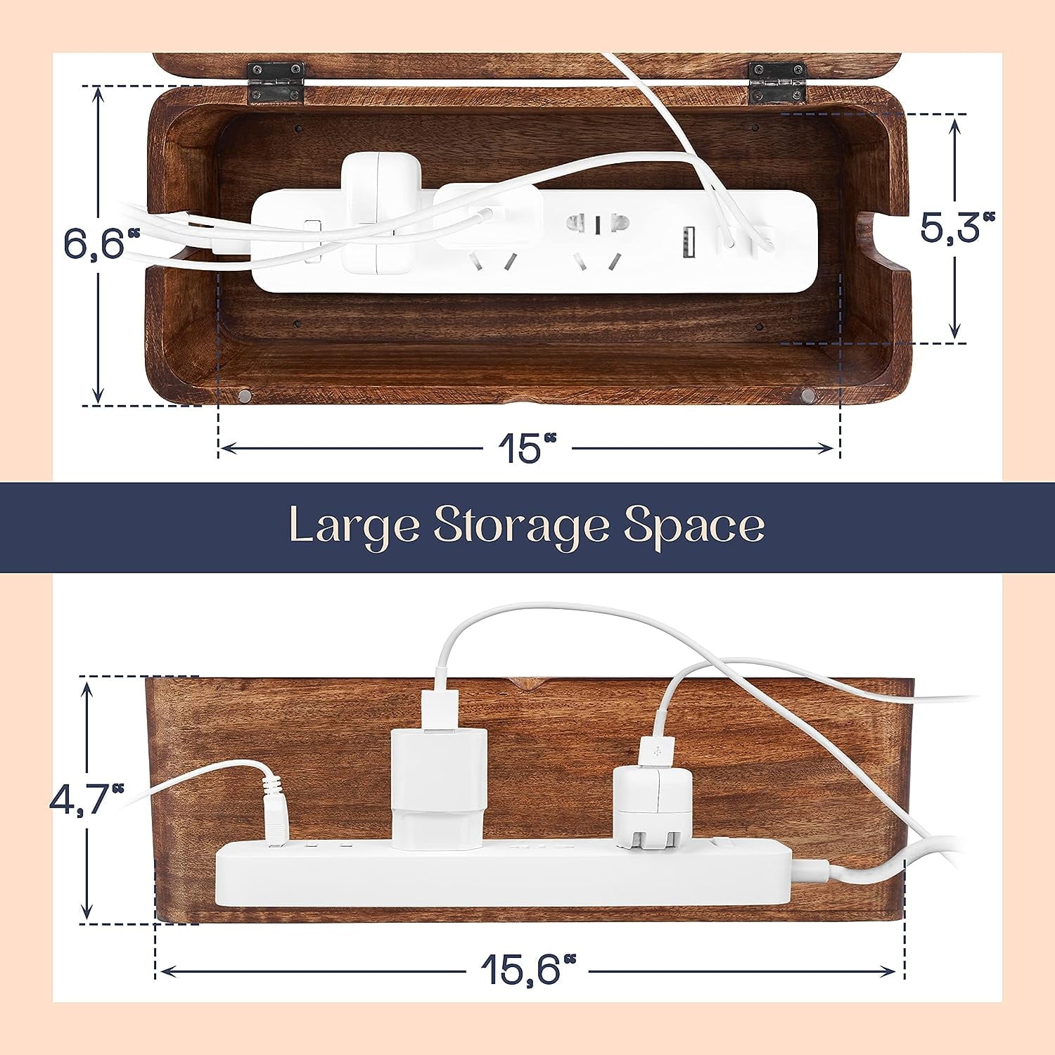 Luxe Designs Large Cable Management Box – Wooden Cord Organizer for Home & Office - Power Strips & Surge Protector - Wire Storage for Desk o - Image 2