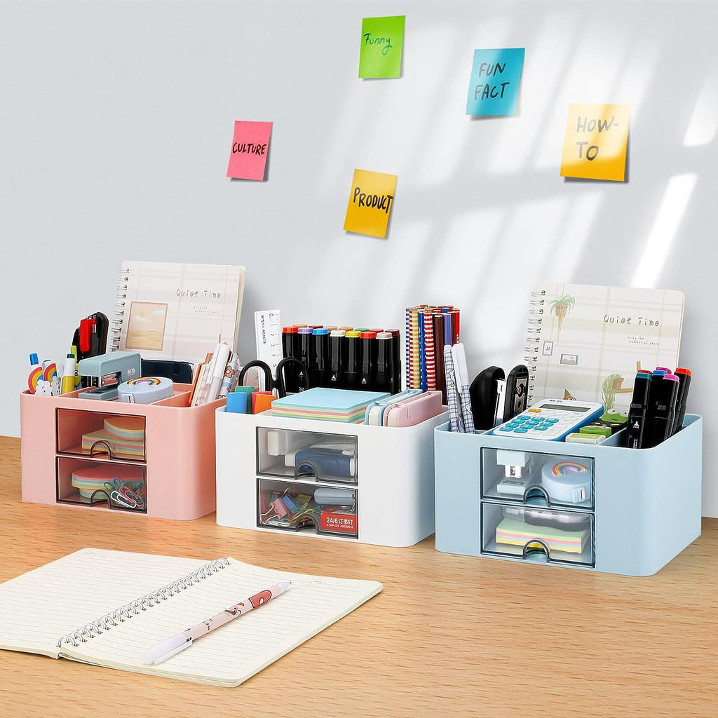 Clackibukvyz 2 Pack Desk Organizer with 2 Drawer, Plastic Office Desk Accessories Organizers, White - Image 6
