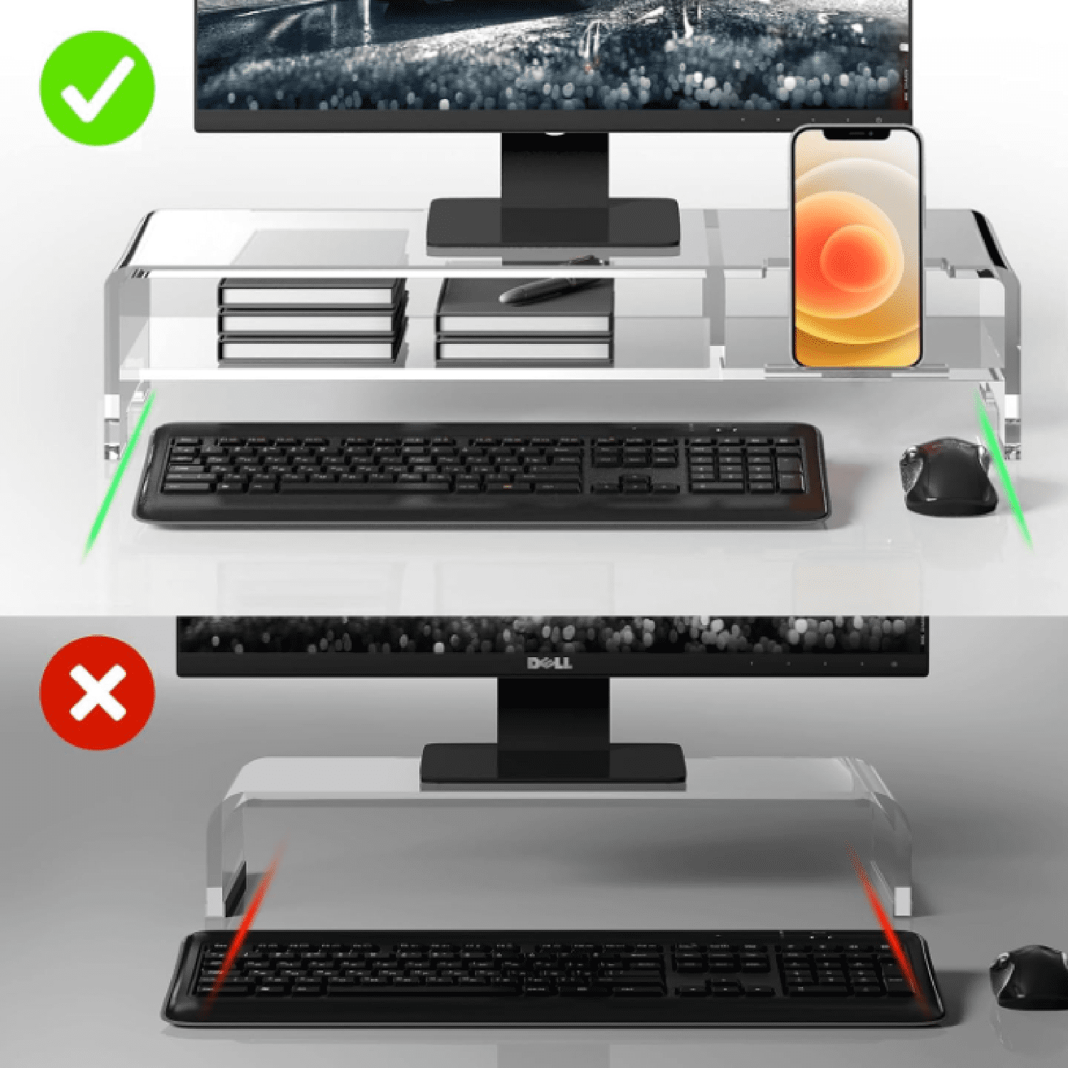 for Full Keyboard, 20" Wide 2-Tier Riser with Storage Shelf and Phone Holder, Desktop Organizer for Laptop, Printer, ... - Image 4