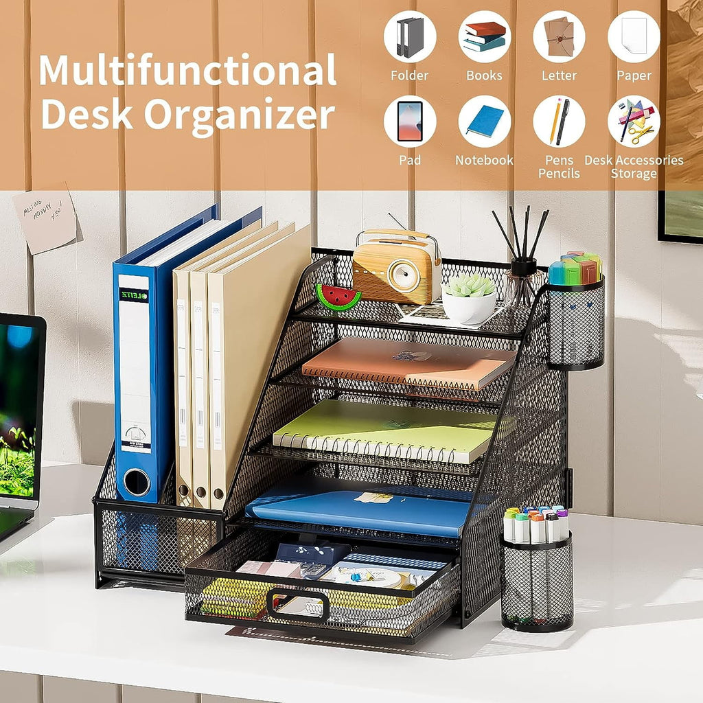 Desk Organizer with File Holder, 5-Tier Paper Letter Tray Organizer with Drawer and 2 Pen Holder, Mesh Desk Organizer... - Image 4
