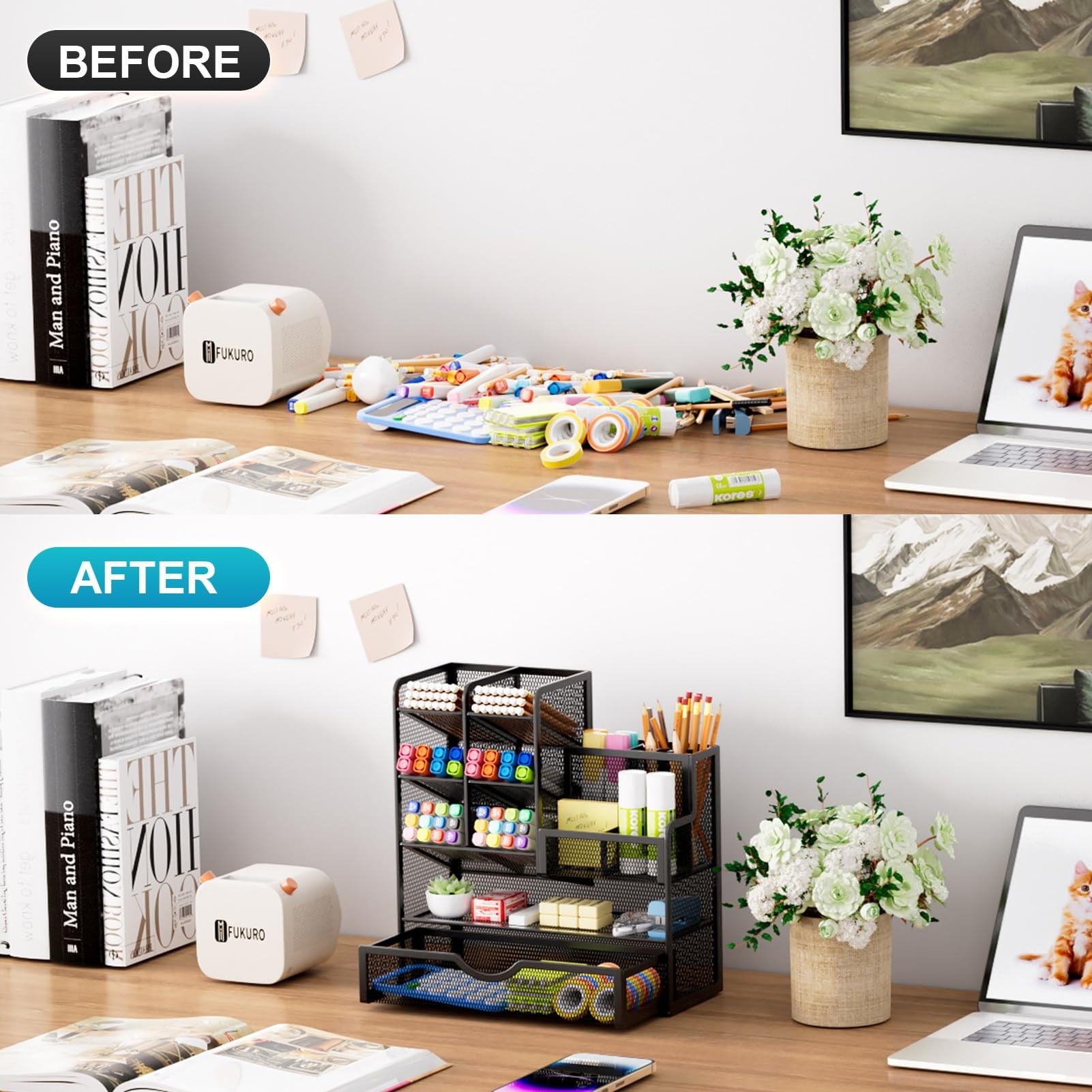 Holder for Desk, Desk Organizer with Drawer, Multi-Functional cil Organizer, Accessories for Office Art Supplies (Black) - Image 3