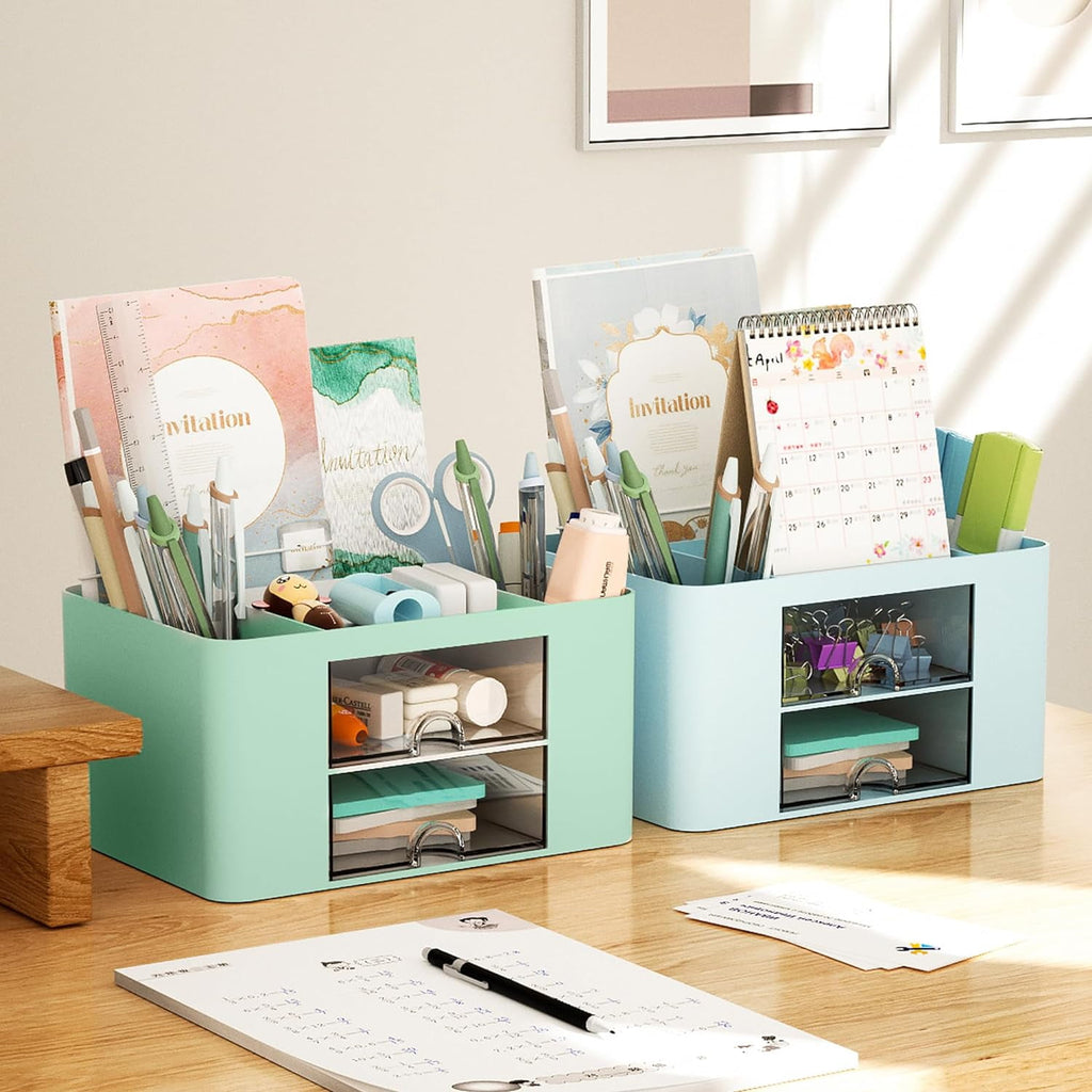 with 2 Drawer, Multi-Functional Plastic cil Holder for Desk, Desk s and Accessories with 5 Compartments (Green) - Image 6