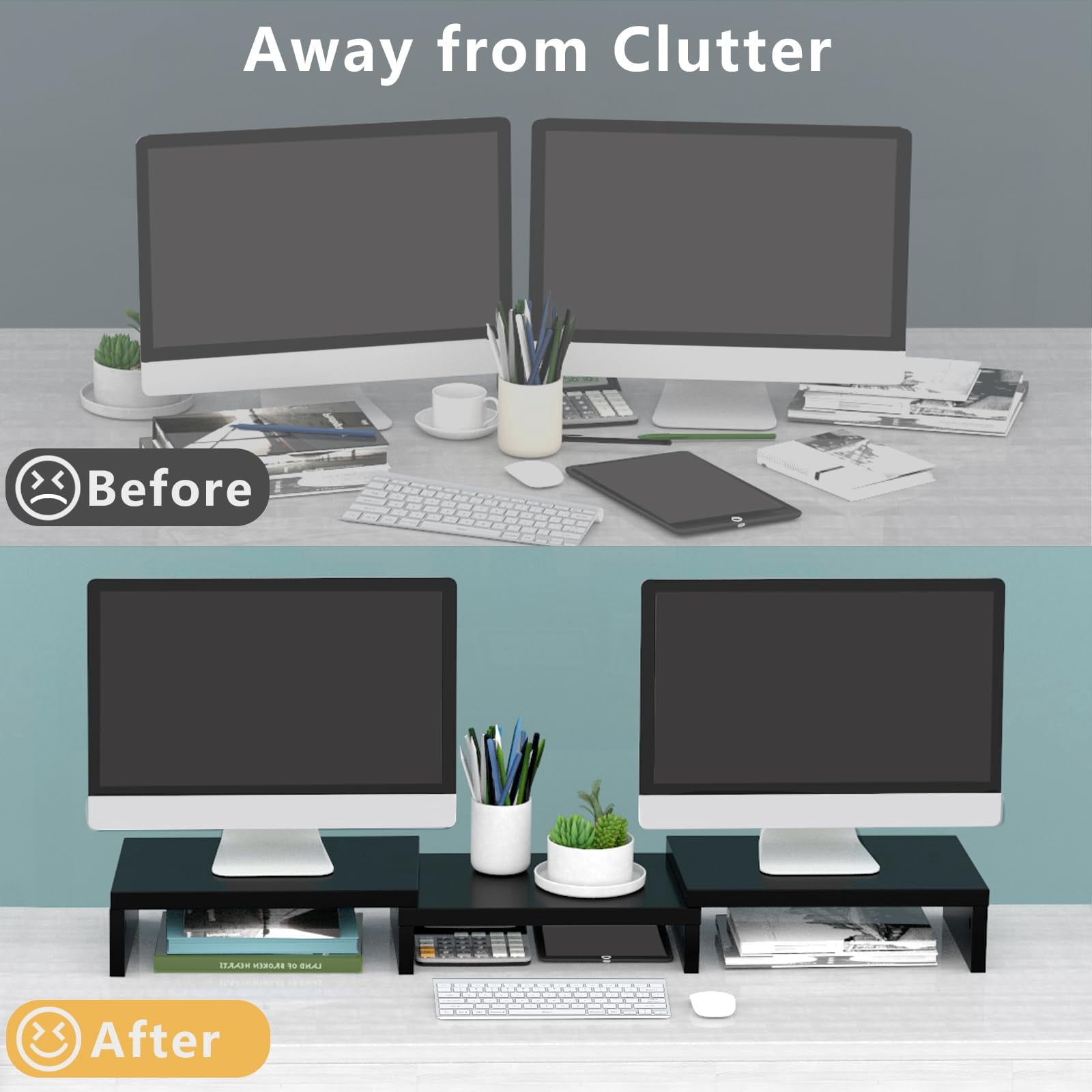Tavr Dual Monitor Stand Riser Office Desktop Organizer For 2 Monitors  Adjustable Length And Angle 3 Shelf Extra Long Multifunctional Up To - Image 2