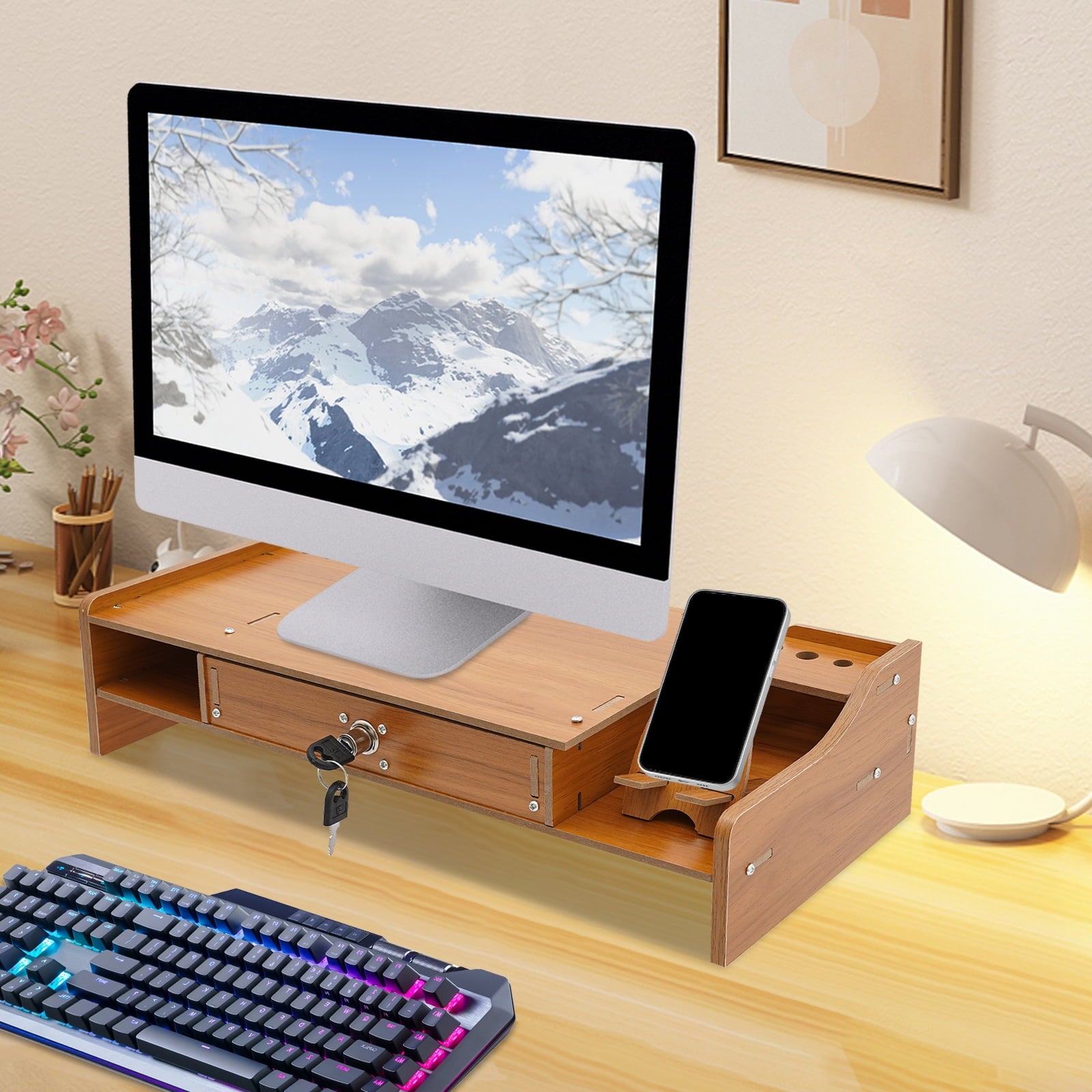 Dwellnix Wooden Monitor Riser Rack w Drawer Computer Laptop PC Stand Desk Organizer - Image 4