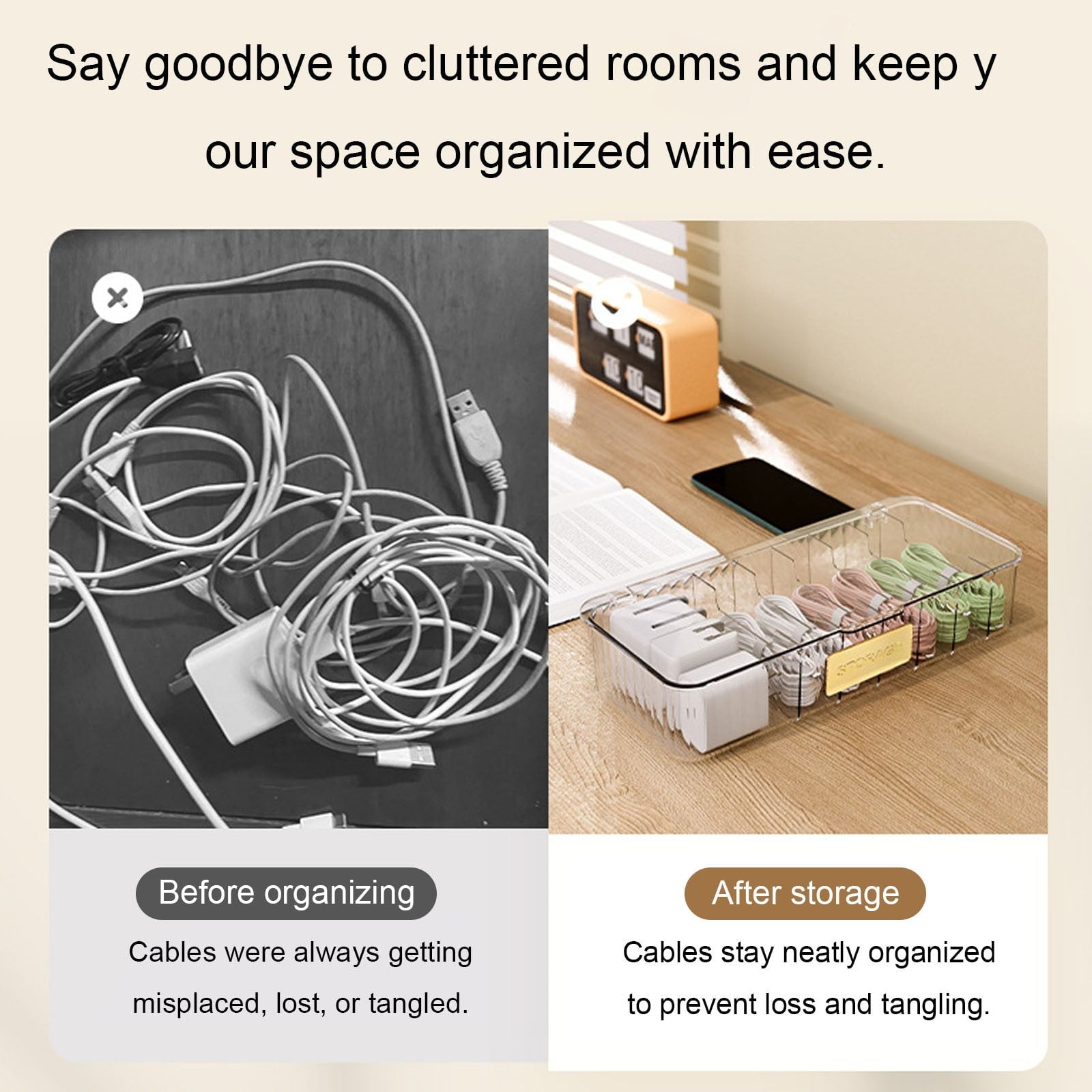 Box, Transparent Cord Storage Box Case, Storage with 7 Compartments, Desktop Management Box, 10.82X5.11X2.2inch - Image 5