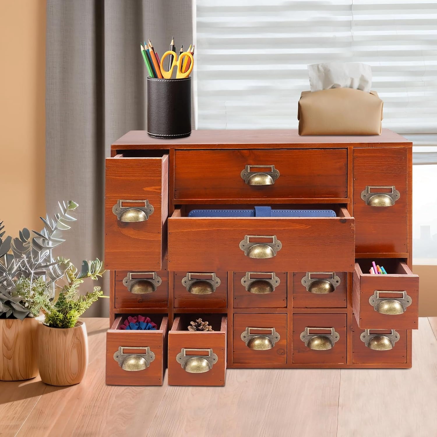 4 Desk Organizer with 14 Drawers, Wooden Apothecary Cabinet Desktop Storage Cabinet with Label Boxes, Makeup Organize... - Image 6