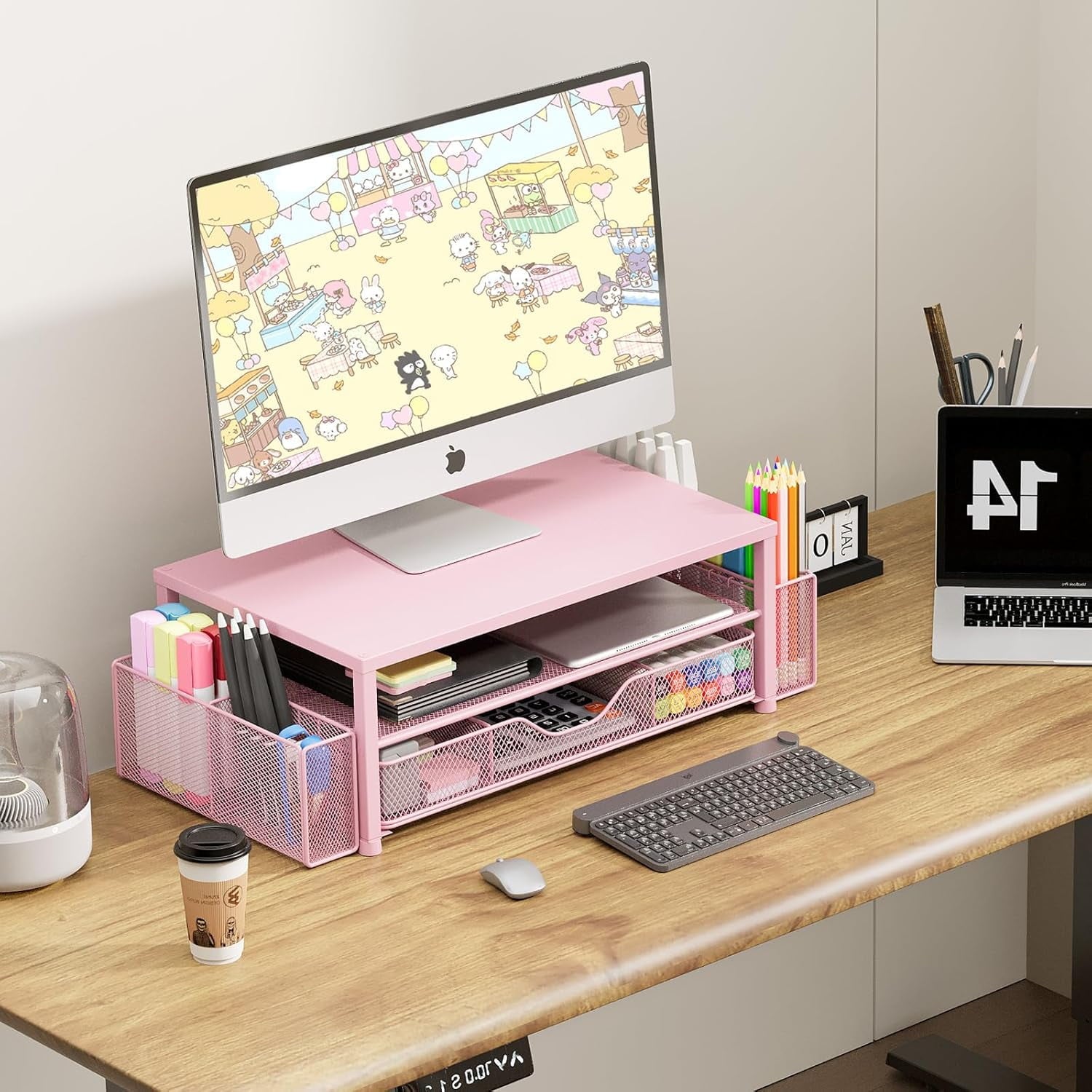 and Accessories, 2-Tier Computer Monitor Stand Riser with Drawer and 2 Pen Holders, Laptop Stand, Office Desk Accesso... - Image 5