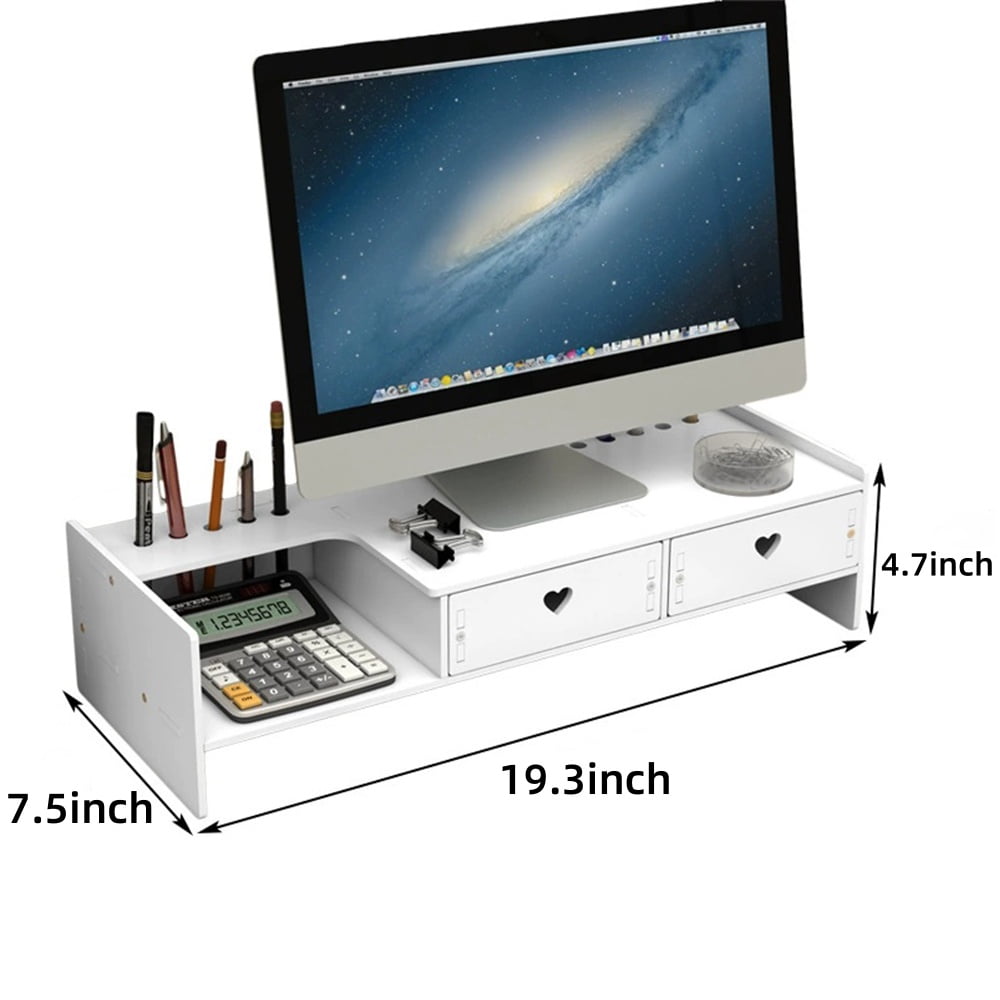 Desk Monitor Stand Riser with Organizer Tray, Desktop Shelf with Two Drawer, White - Image 4