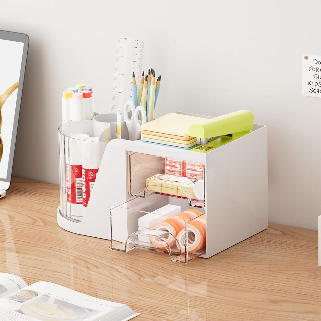 with 2 Drawer, 360°Rotating Pen Holder for , s and Accessories with 6 Slots Pencil + 2 Drawer，1 Pack (White) - Image 2