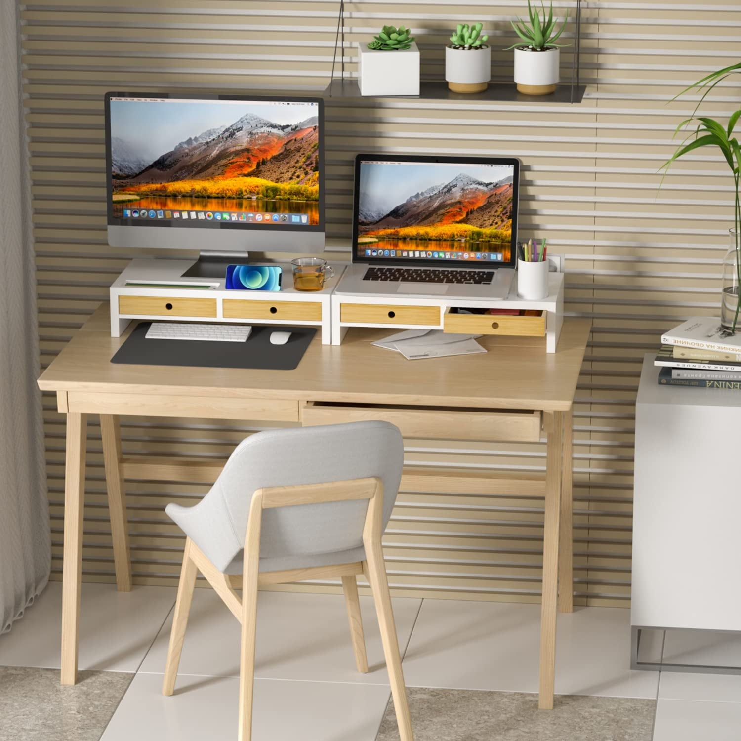 Monitor Stand with 2 Drawers,White Wood Monitor Riser for Computer, Laptop, Printer,Tv - Image 6