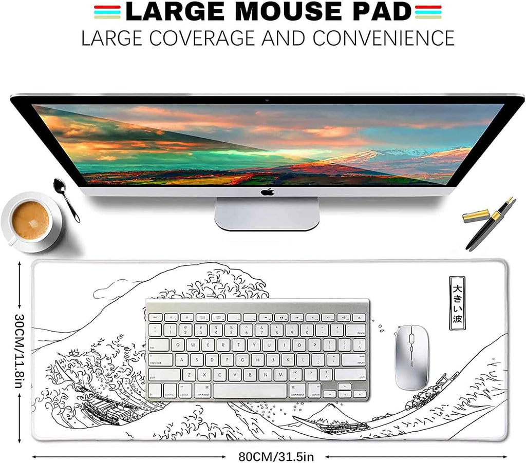 Great Wave XL Gaming Mouse Pad, White Minimalist Japanese Desk Mat, Cute Gamer Aesthetic Mousepad, Extended Mousepad, Non-Slip Rubber Base L - Image 4