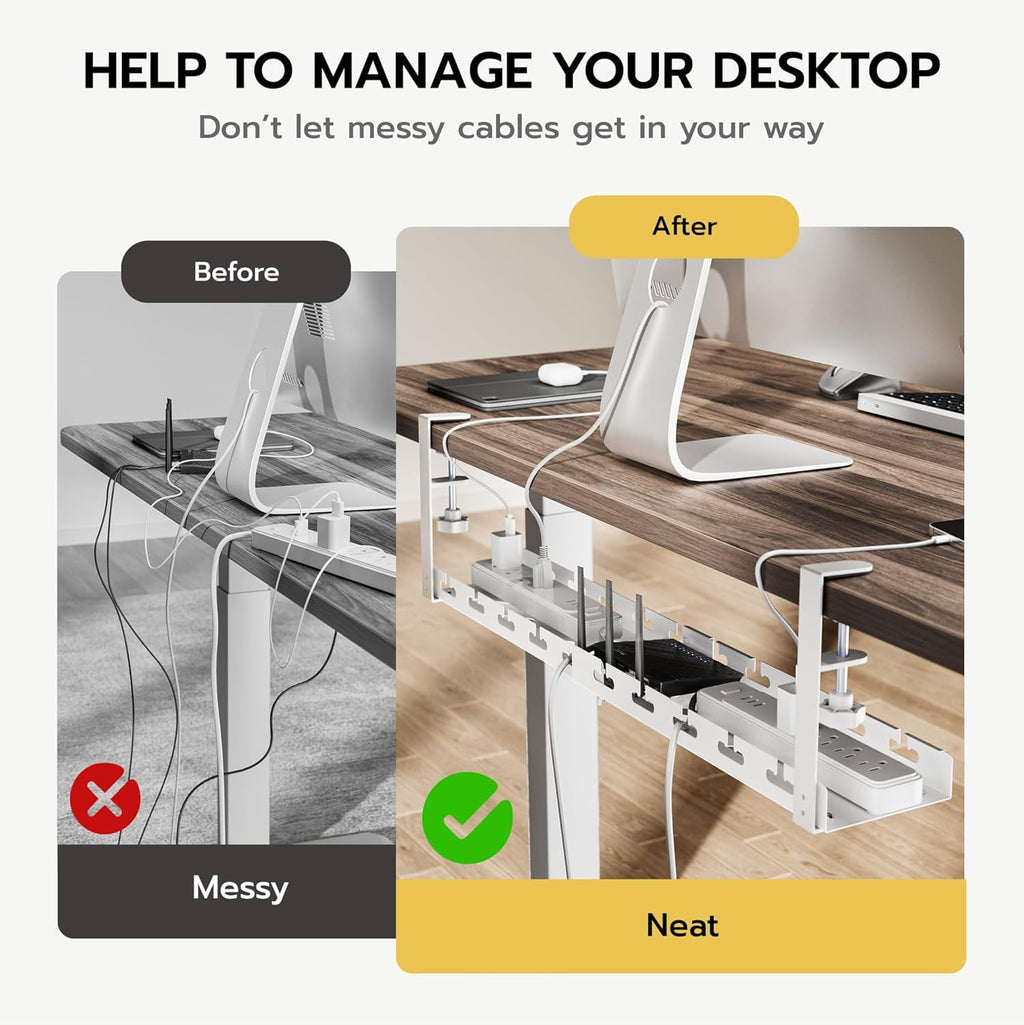 17"-28.7" Extendable Under Desk Cable Management Tray with Cable Slots Clamp On Cord Organizer White - Image 5