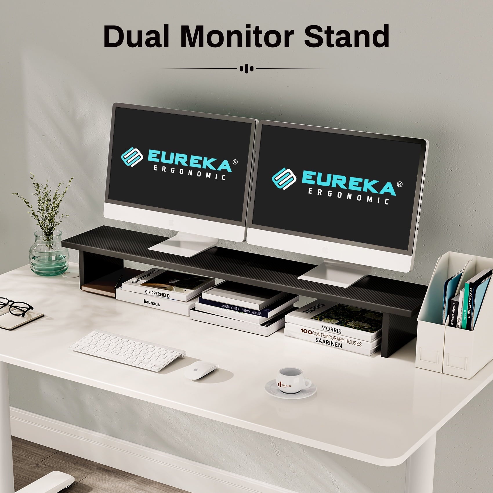 Dual Monitor Stand - Adjustable Legs, Dual Monitor Riser, Carbon Fiber Computer Monitor Stand, Desktop Organizer, Mon... - Image 2
