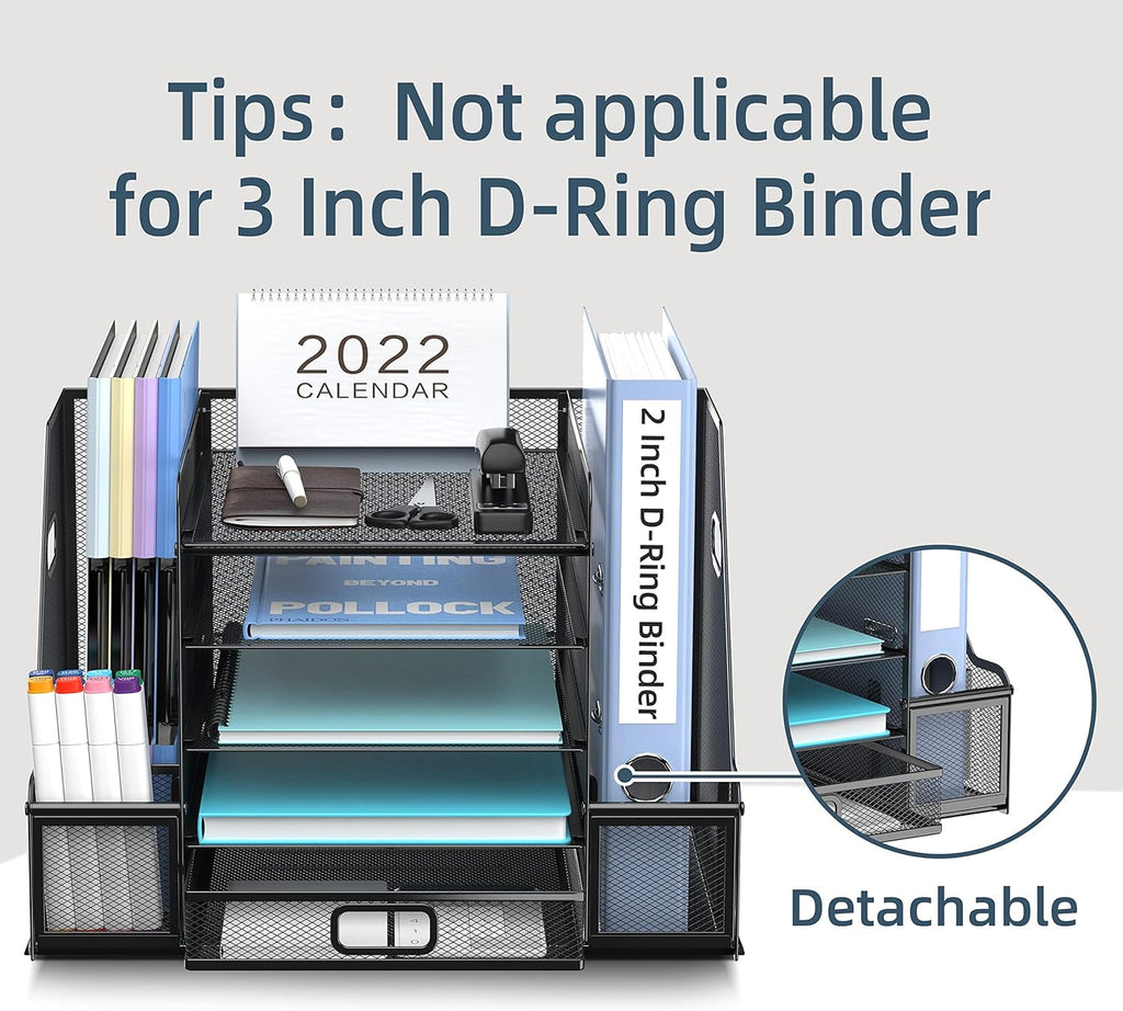 Paper 5 Compartment Mesh Desk Organizer with Drawer, Black - Image 3