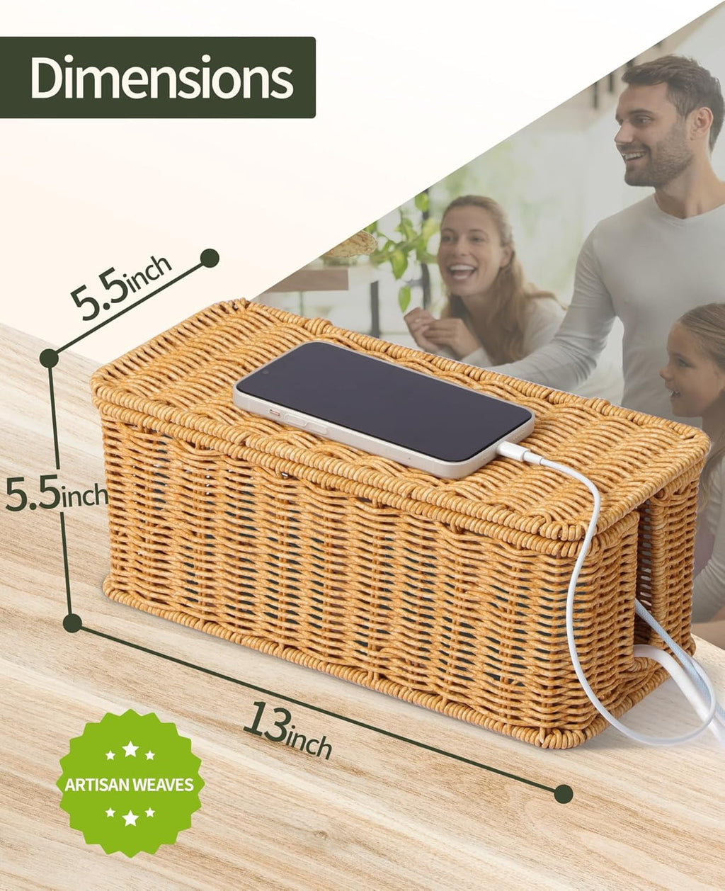 Cable Management Box, Handwoven Rattan Style Cord Organizer Box for Power Strips - Image 4