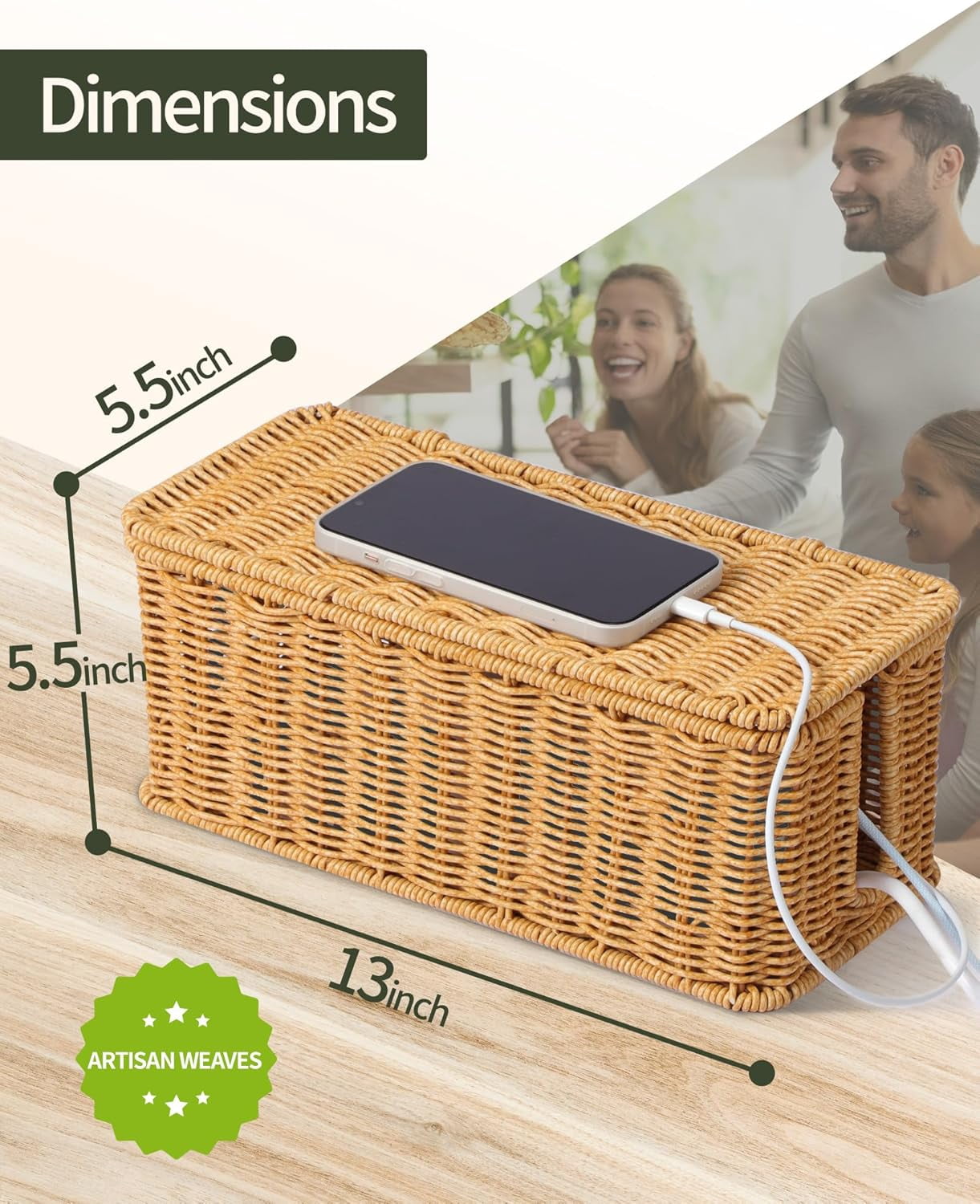 Cable Management Box, Handwoven Rattan Style Cord Organizer Box for Power Strips - Image 4