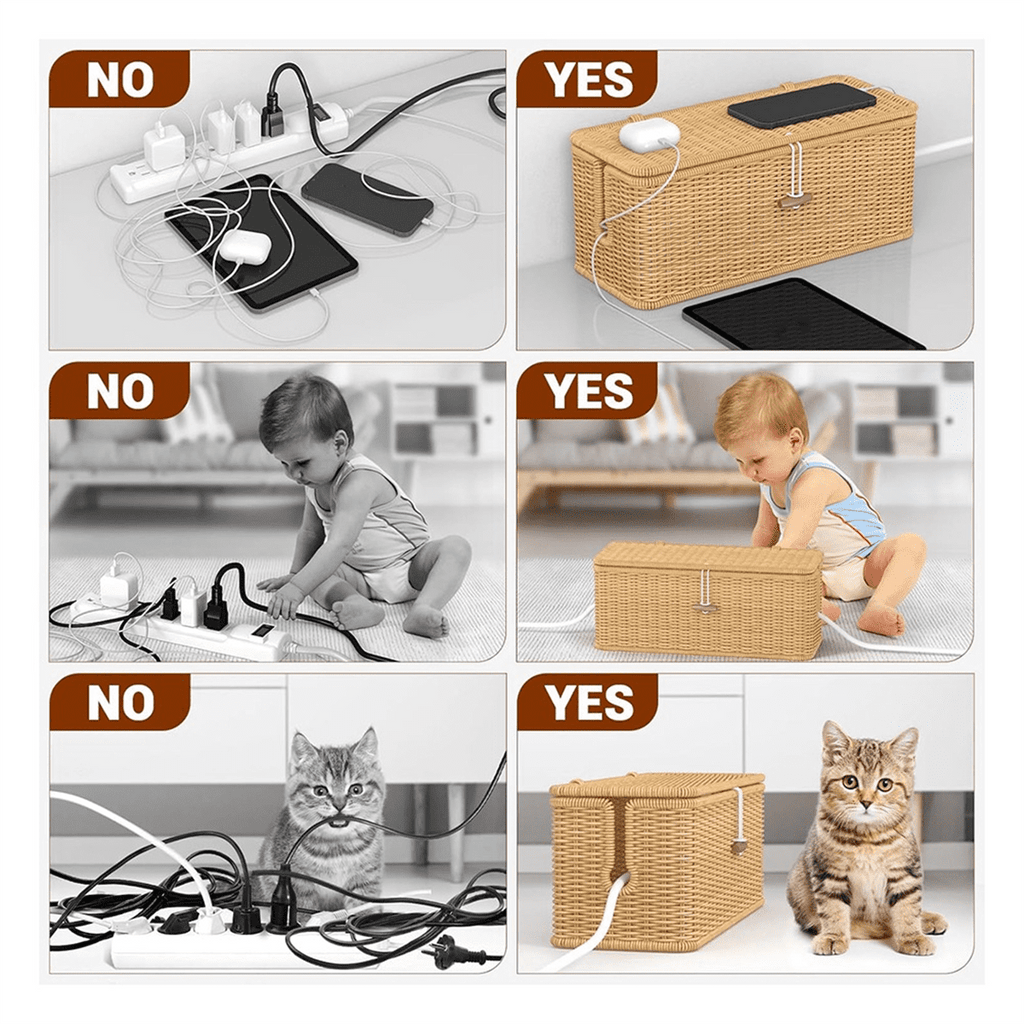 Cable Management Box, Power Strip Organizer with Locked Cover,Handmade Rattan Cords Hider,Cord - Image 3