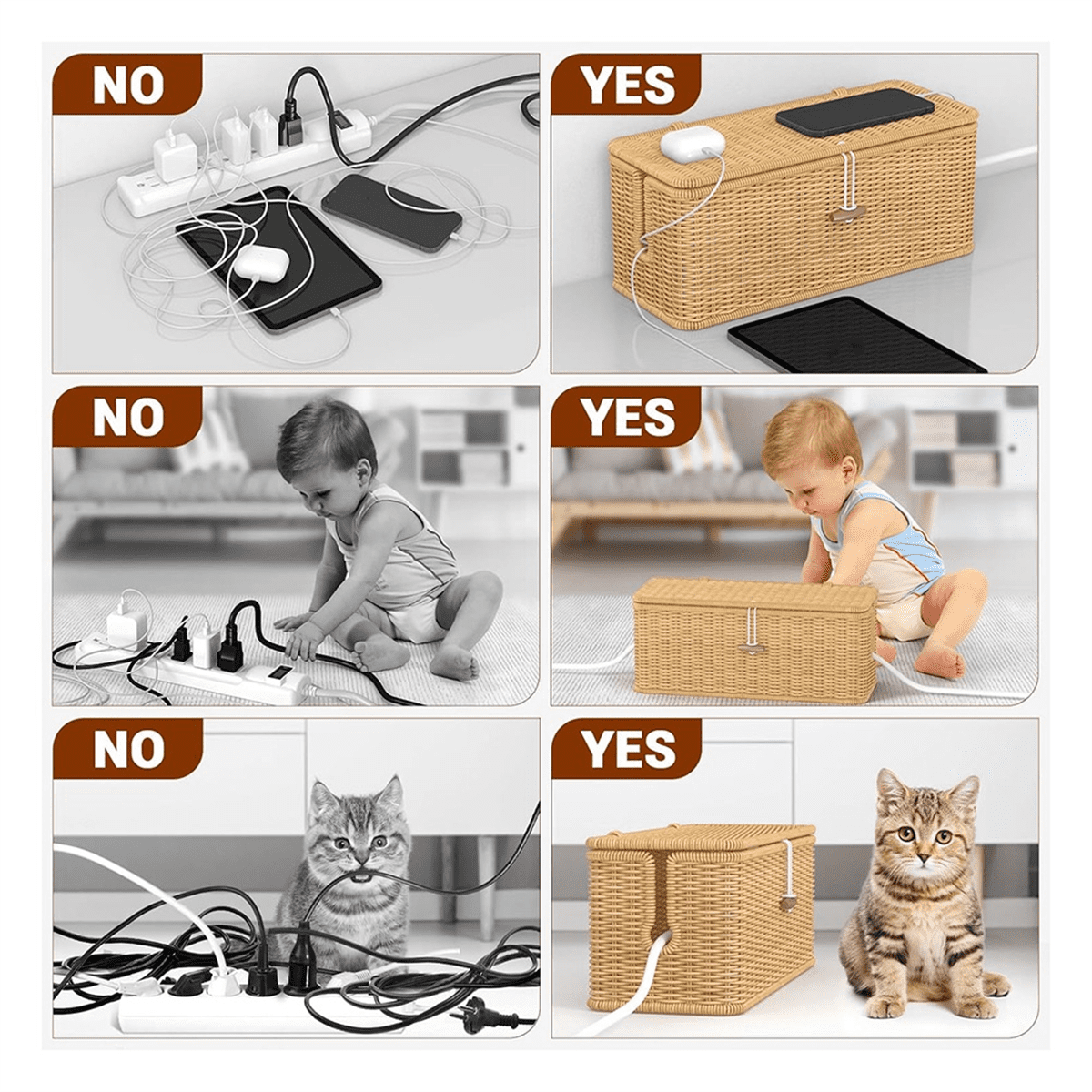 Cable Management Box, Power Strip Organizer with Locked Cover,Handmade Rattan Cords Hider,Cord - Image 3
