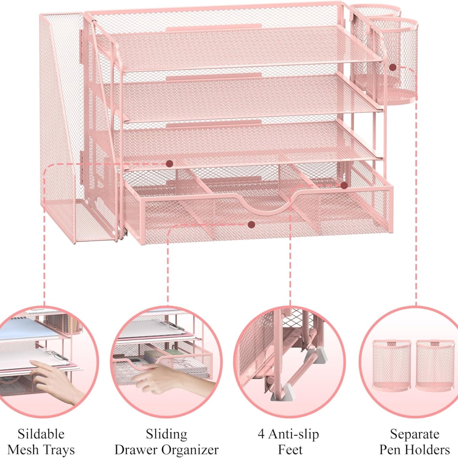 INTIGE 4-Tier Metal Desk Organizer with File Holder, 1 Drawer, 2 Pen Holders, Paper Organizer, Pink - Image 4