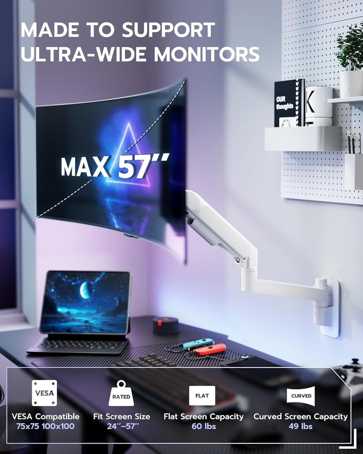 ARES WING Heavy Duty Wall Mount Monitor Arm for 24"-57" Ultrawide Screens, Gas Spring Wall Monitor Mount Holds up to 60 lb, Full Motion Adju - Image 3
