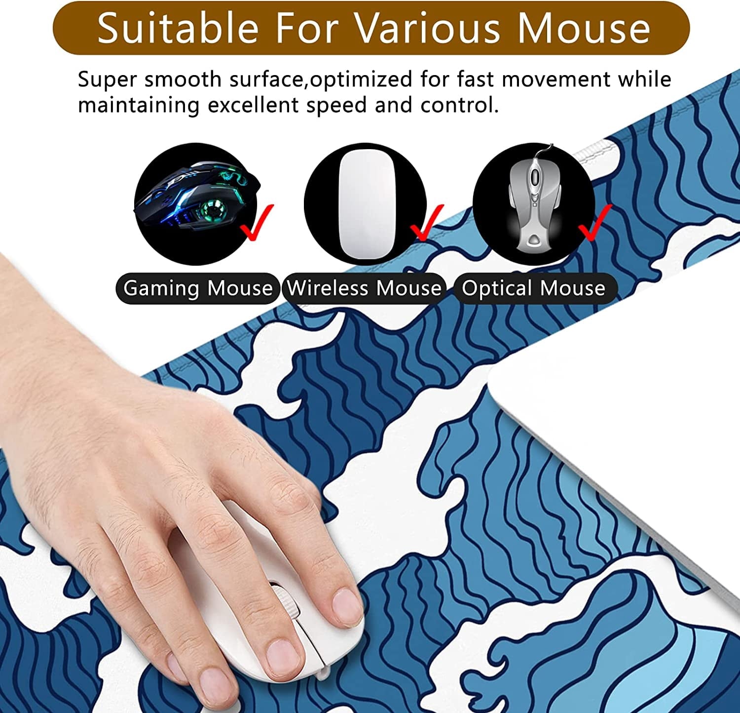 White and Blue Mouse Pad XL 31.5x11.8x0.12 inch Large Mouse Pad for Desk with Personalized Design for Laptop, Computer PC (Blue Wave - 1) - Image 2