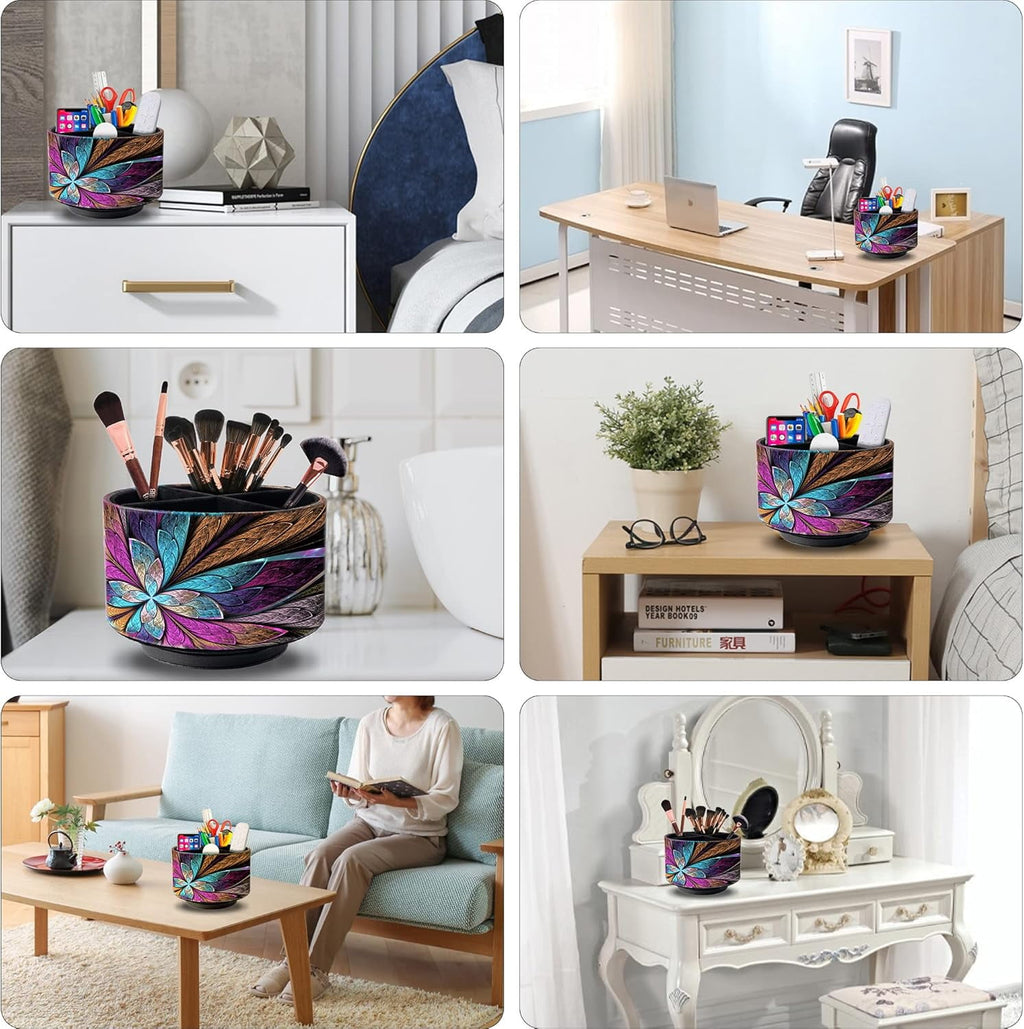 Remote Control Holder Round Leather Art Supply Organizer, PU Leather Pencil Stationery Desk Storage Makeup Organizer for Heater Controllers - Image 3